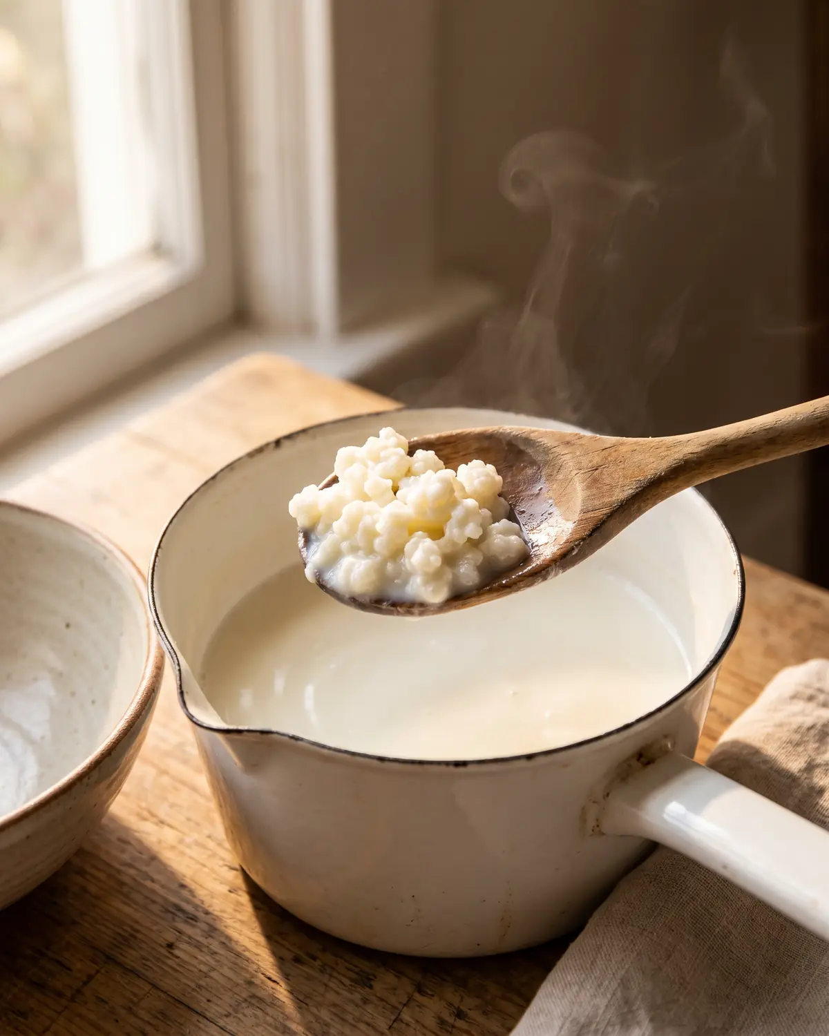 come preparare il kefir Latte tiepido in un pentolino smaltato con grani di kefir pronti su un cucchiaio di legno accanto.