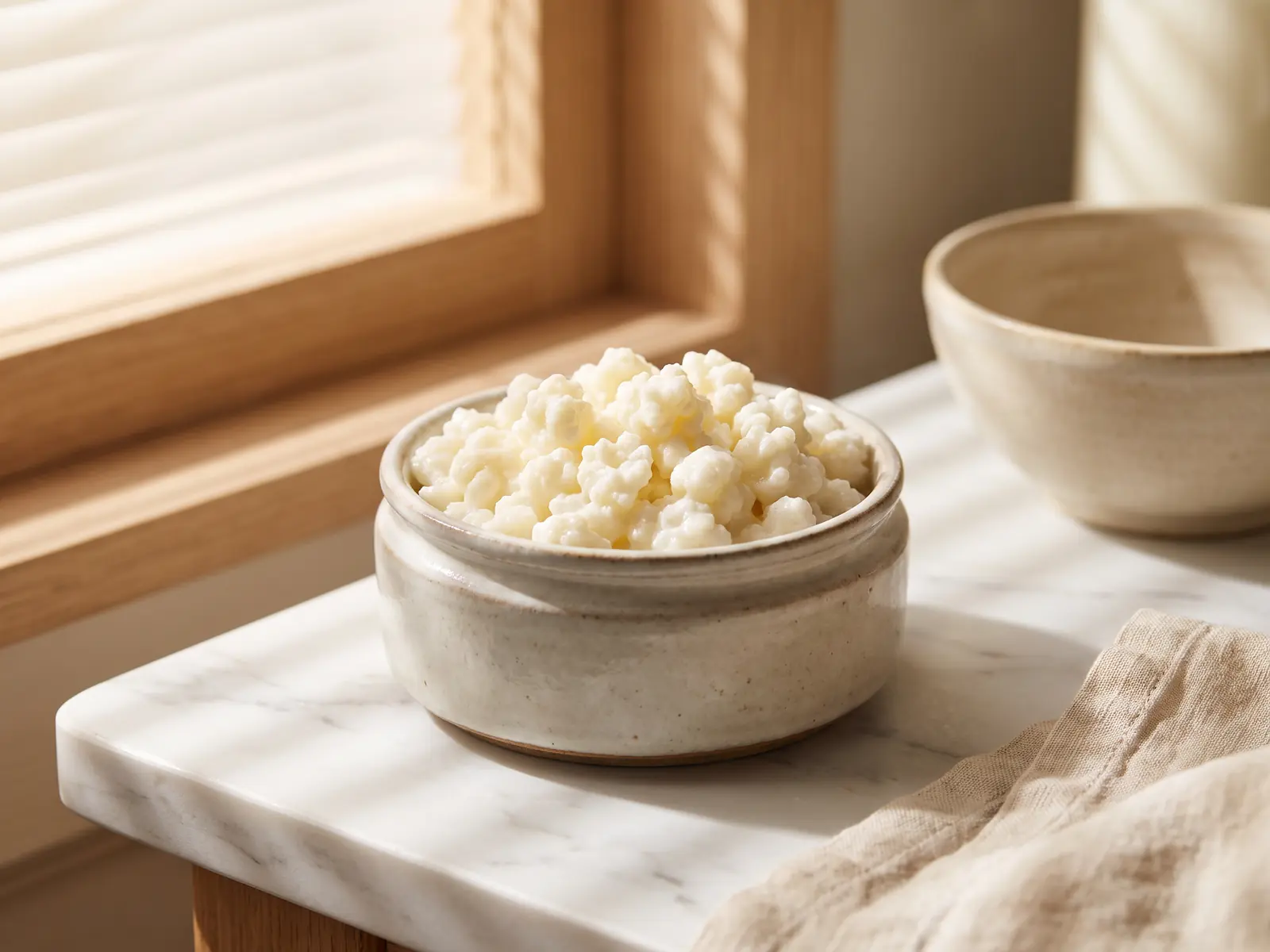 kefir eurospin recensioni Barattolo di kefir di latte con grani cremosi su marmo bianco, illuminato da ombre di persiana.