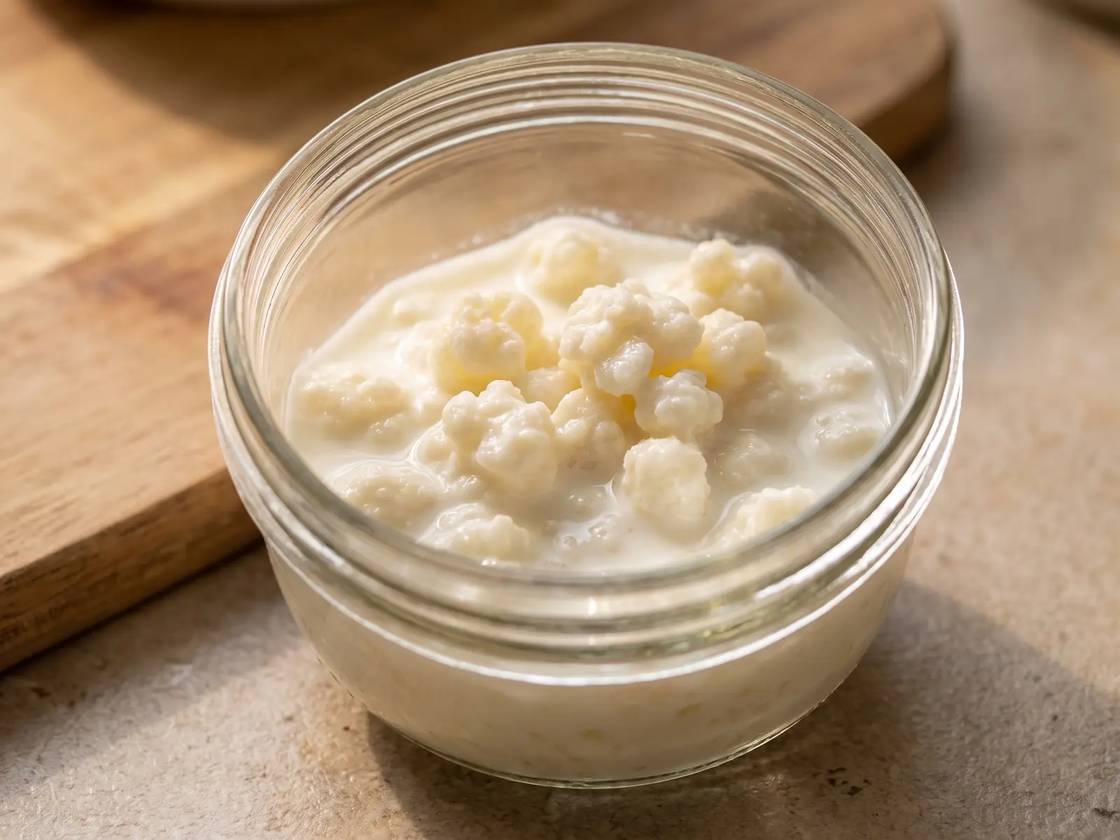 kefir mal di pancia Barattolo appena riempito di latte con granuli di kefir irregolari su un piano neutro e luminoso.