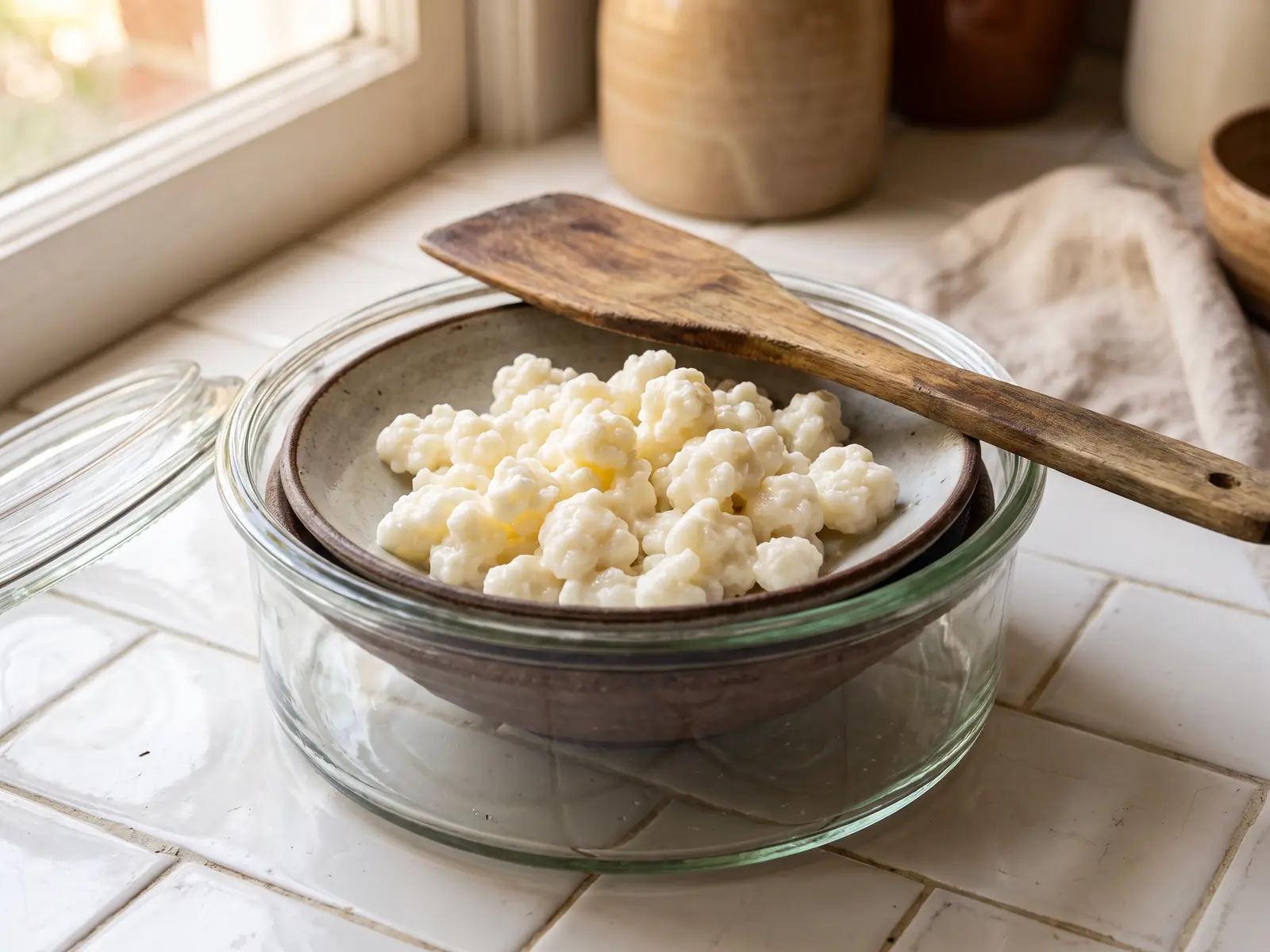 spacciatori di kefir Barattolo aperto con grani di kefir di latte su un piatto, accanto a una spatola di legno su piastrelle bianche