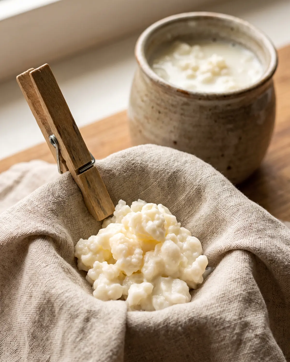 fermenti colon irritabile Una pinza di legno solleva un panno di lino, con grani di kefir e un barattolo lattiginoso sullo sfondo.