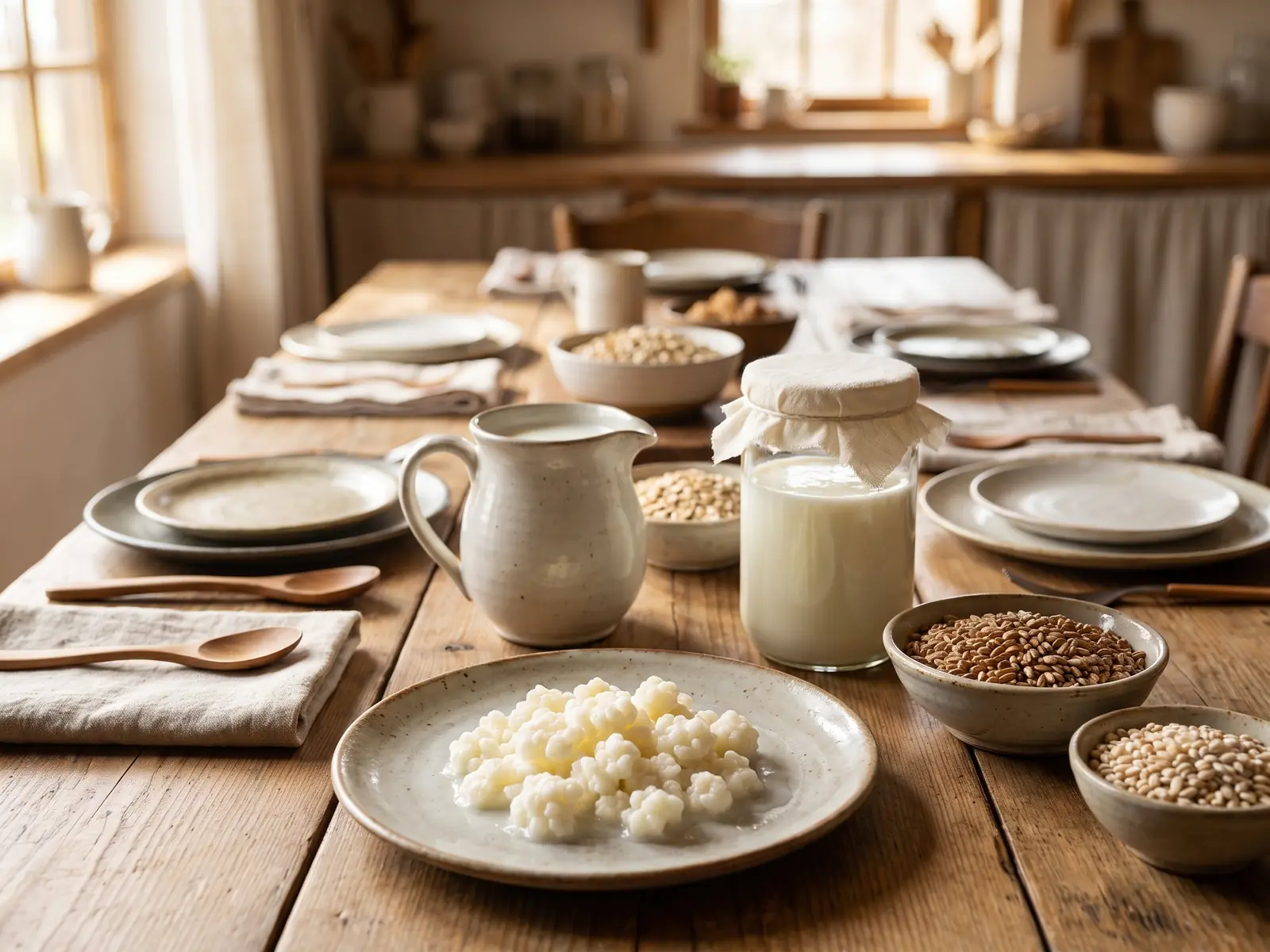 Tavola da pranzo con piatti in ceramica, brocca di latte, barattolo di kefir e granuli pronti