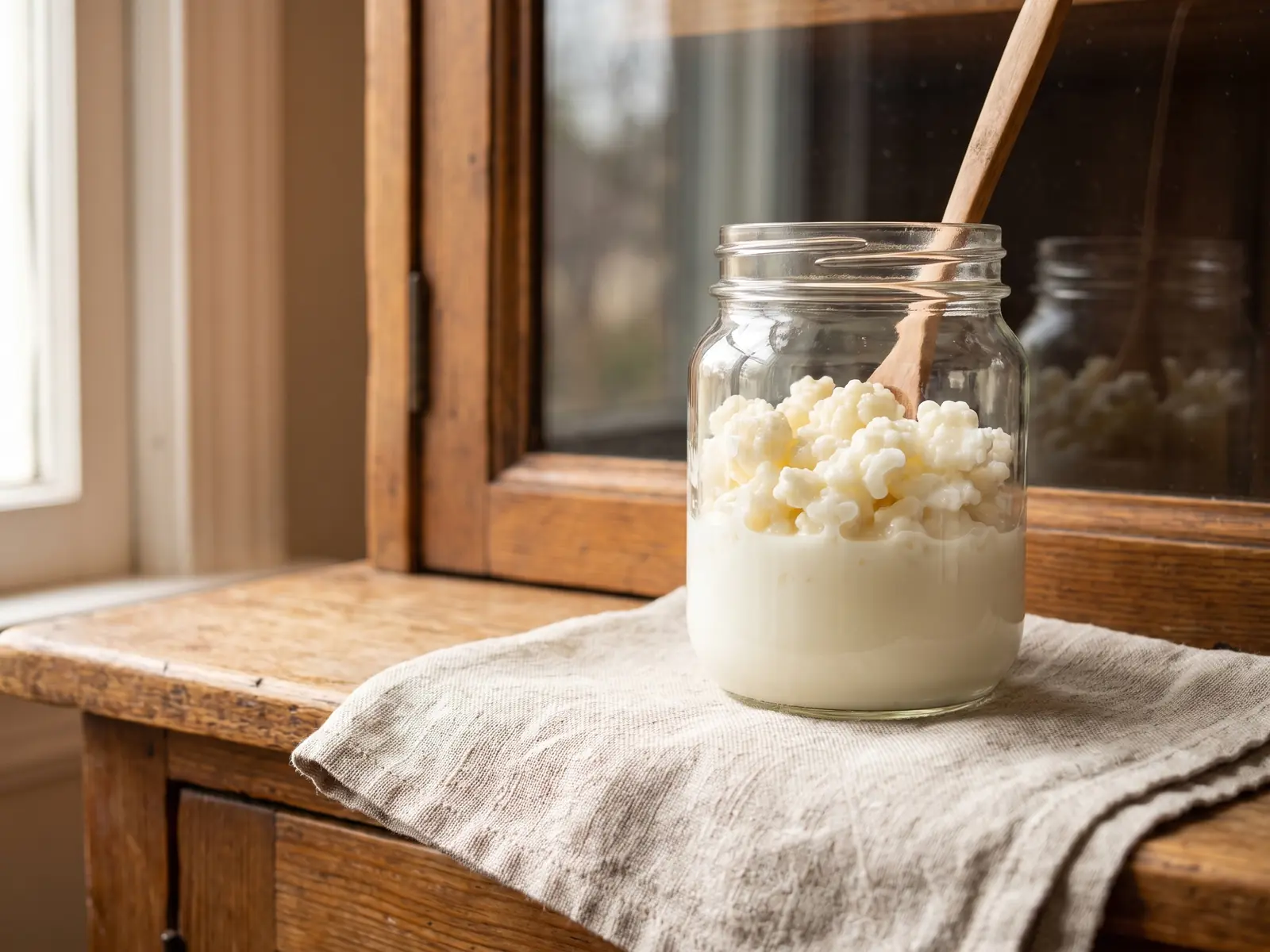 fermenti kefir di latte Barattolo di kefir con grani vivi e lino grezzo riflesso nel vetro di un aparador luminoso.