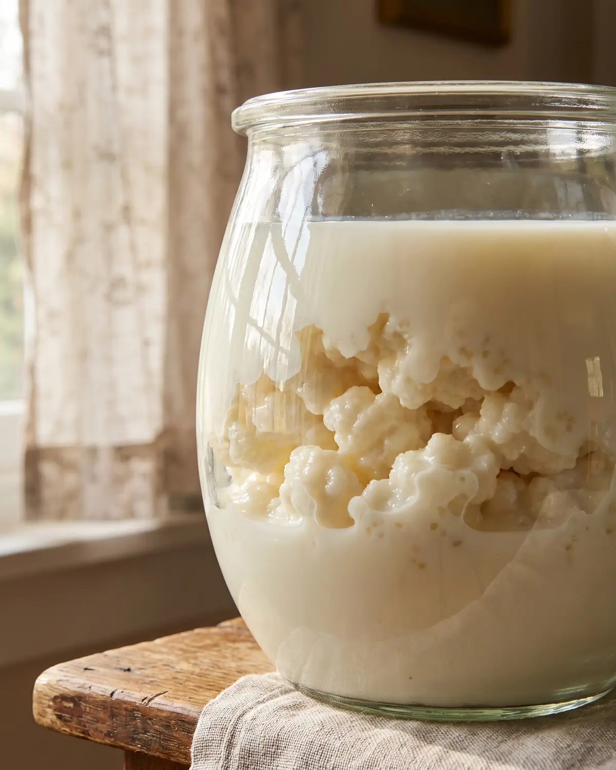 kefir vivo Granuli immersi nel latte cremoso dentro un barattolo curvo, con riflessi di tenda sul vetro