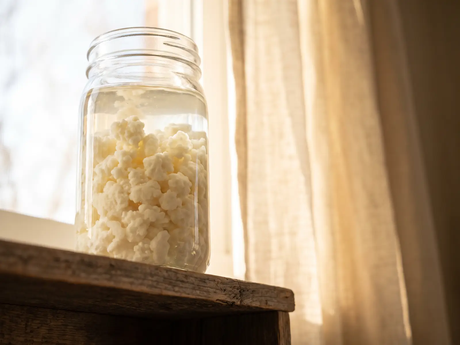kefir di latte come si prepara Barattolo alto con grani di kefir di latte su una mensola bassa, illuminato da una tenda di lino