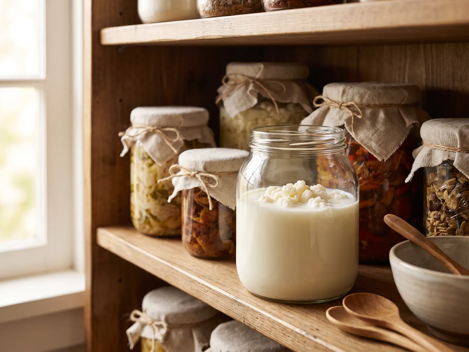 comprare kefir supermercato Barattoli di kefir su uno scaffale, con grani bianco crema visibili nel latte in un contenitore aperto.