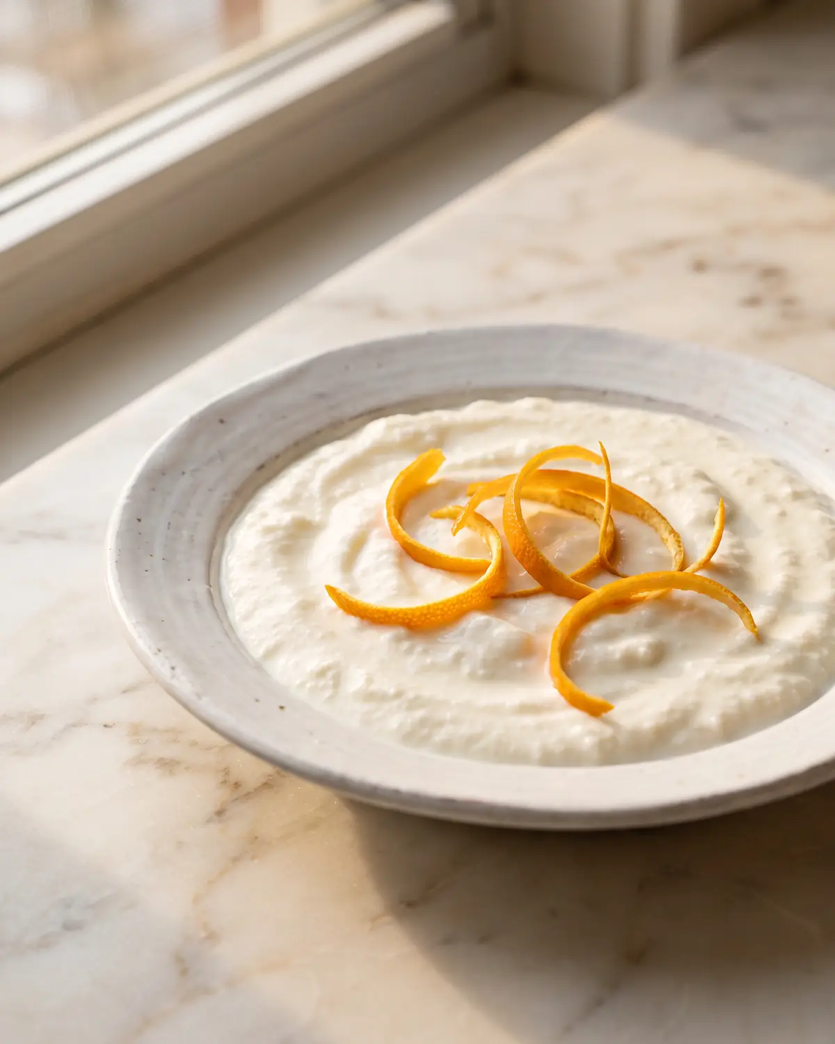 bere kefir dopo cena Kefir di latte colato in un piatto bianco con scorza d’arancia, marmo chiaro e luce invernale.