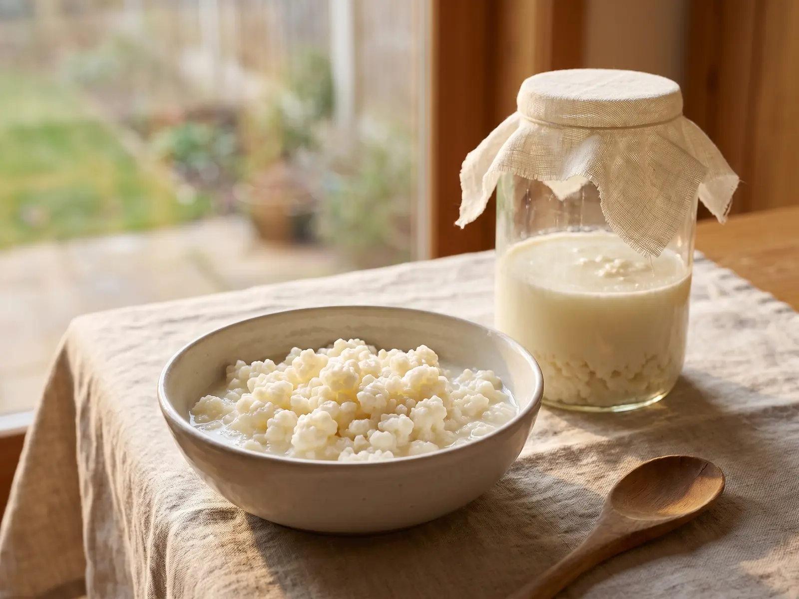 www kefir it Barattolo di kefir in fermentazione su lino, con grani umidi in una ciotola accanto alla finestra.