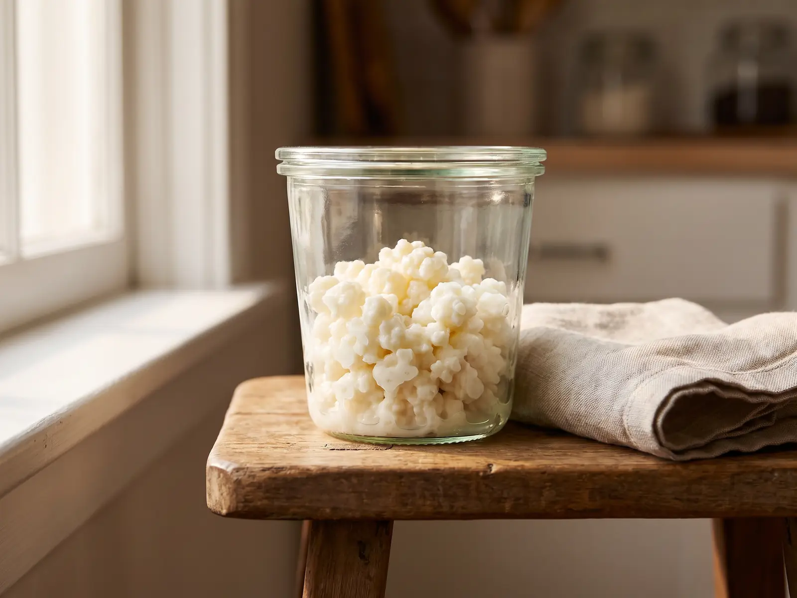 kefir al cane Barattolo di kefir di latte in fermentazione su uno sgabello vicino alla finestra, con grani e lino piegato.