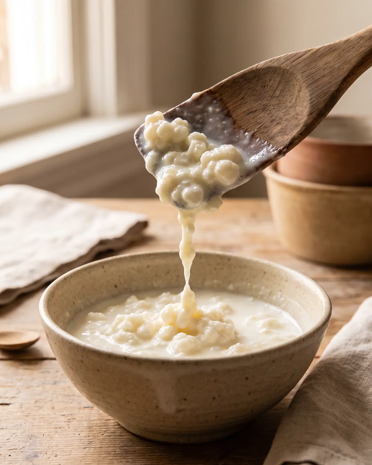 Kefir di latte denso che scende da una spatola di legno formando un filo corto su ceramica beige.
