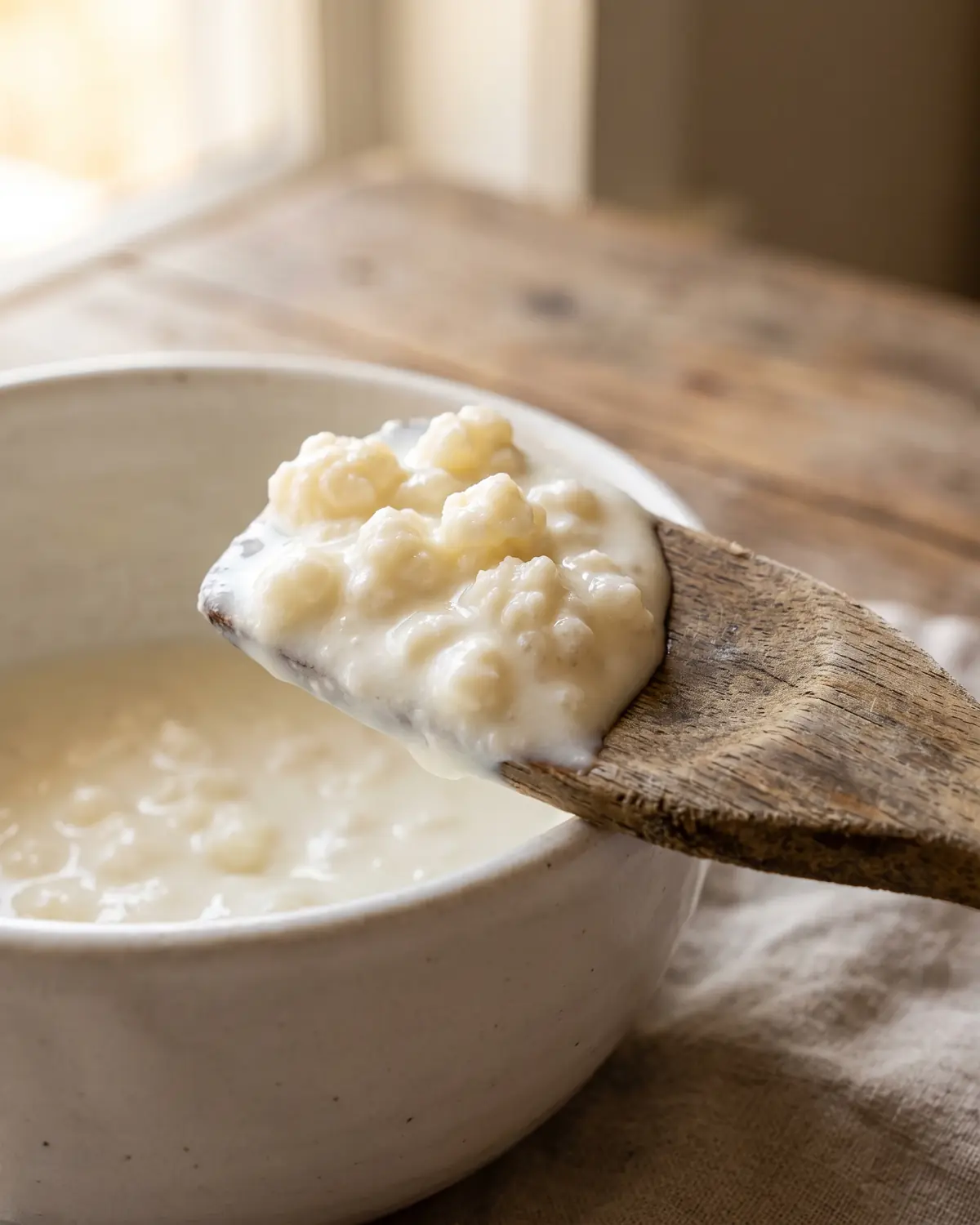 kefir è meteorismo Spatola di legno con kefir denso sul bordo di una ciotola bianca opaca, dalla consistenza cremosa.