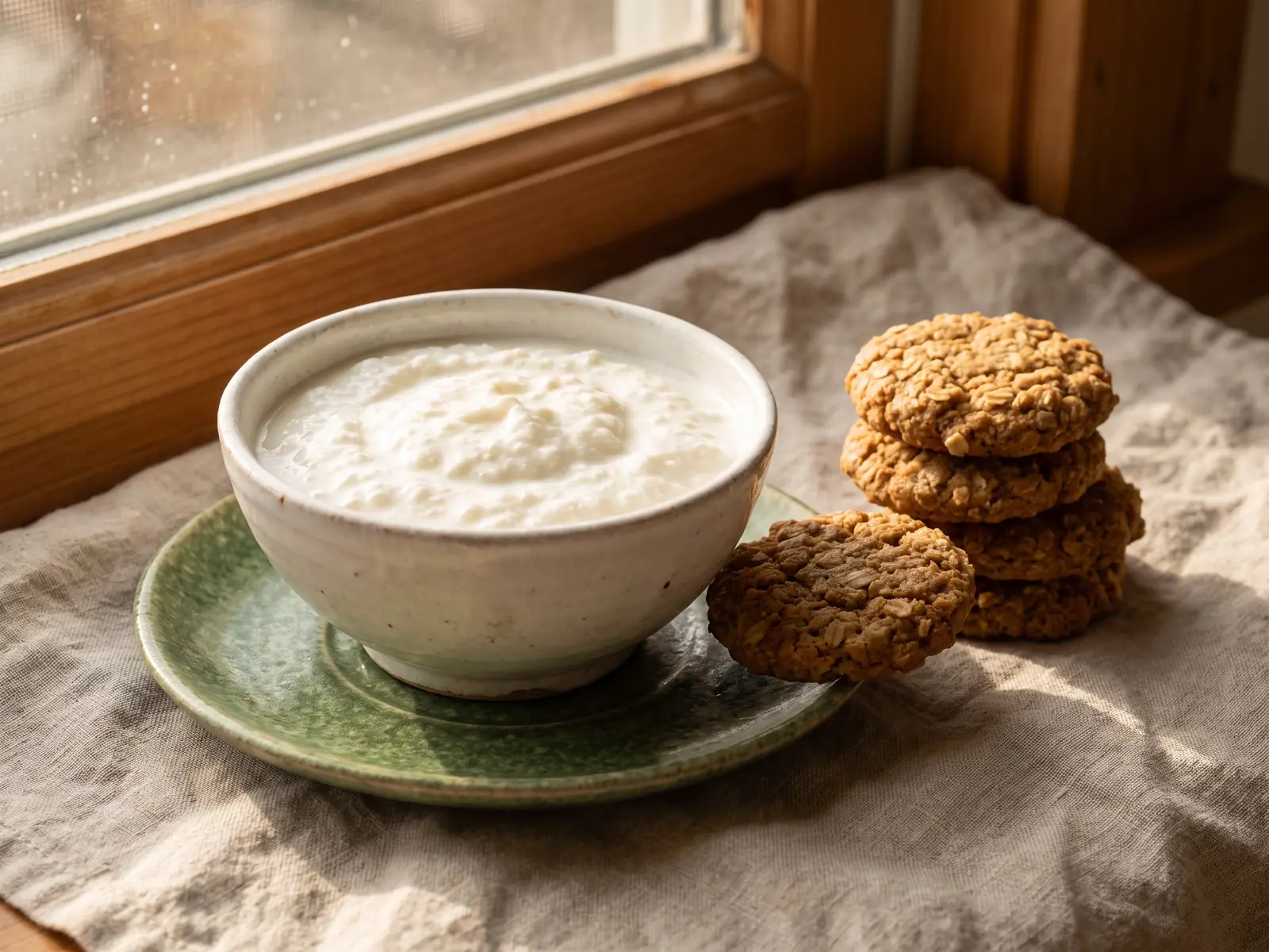 il kefir si può scaldare Merenda casalinga con kefir naturale, biscotti d’avena e piattino verde su lino vicino alla finestra.