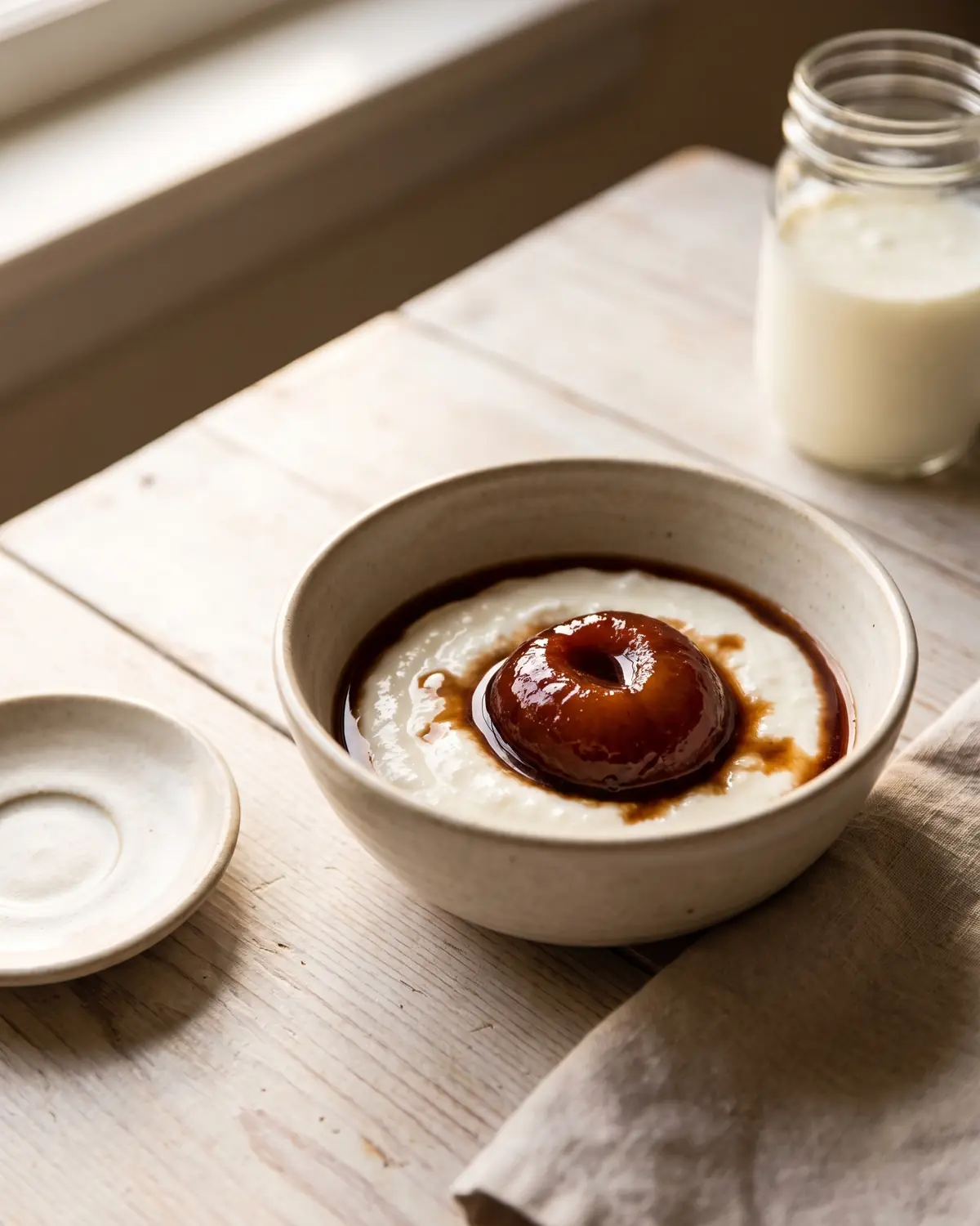 Spuntino con kefir e prugna cotta su ceramica chiara, vicino a una finestra in un ambiente luminoso.