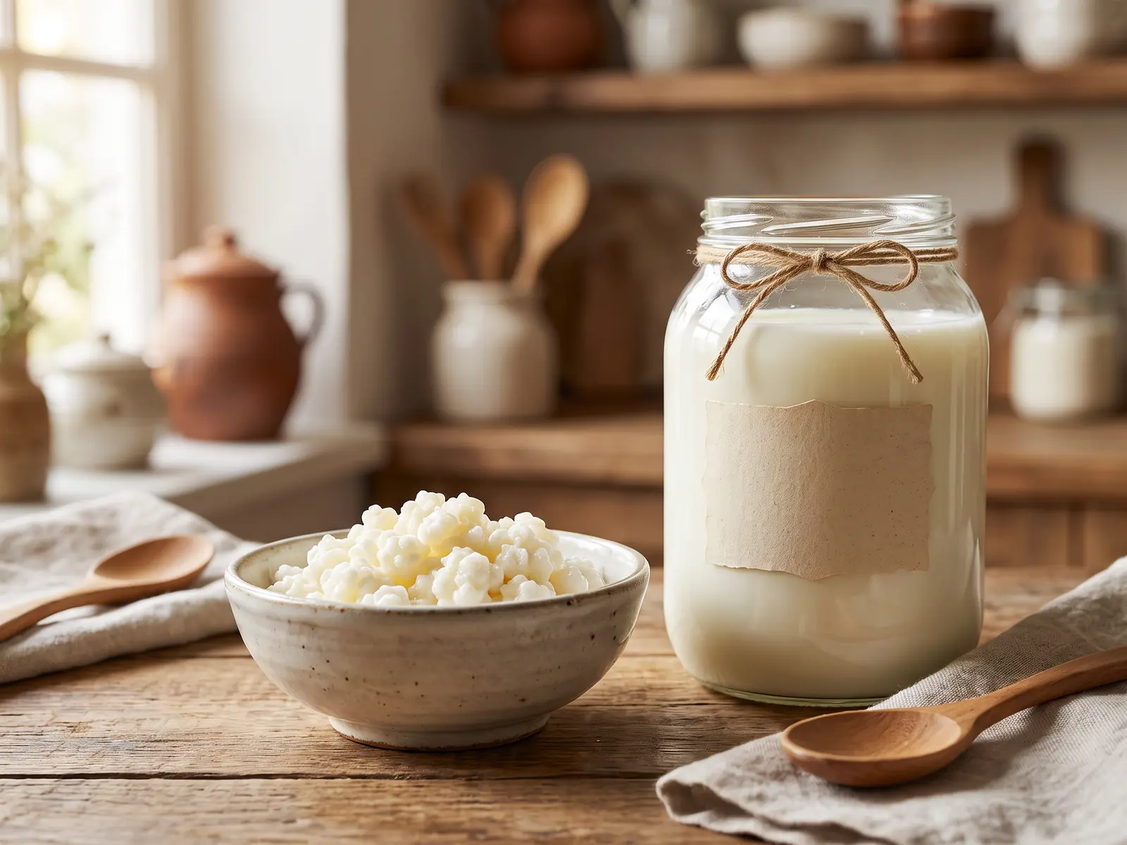 Stazione casalinga di fermentazione con barattolo di kefir, granuli in ceramica e cartellino vuoto.