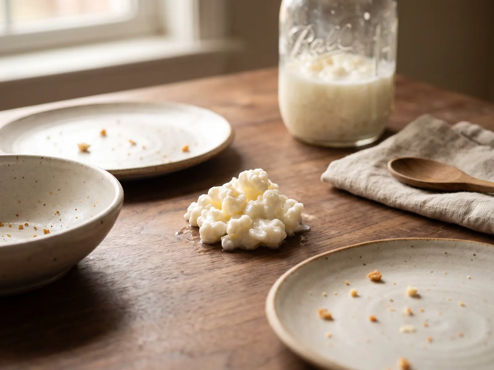 kefir glicemia Tavola in noce con piatti in ceramica e un vaso di kefir con grani sullo sfondo.