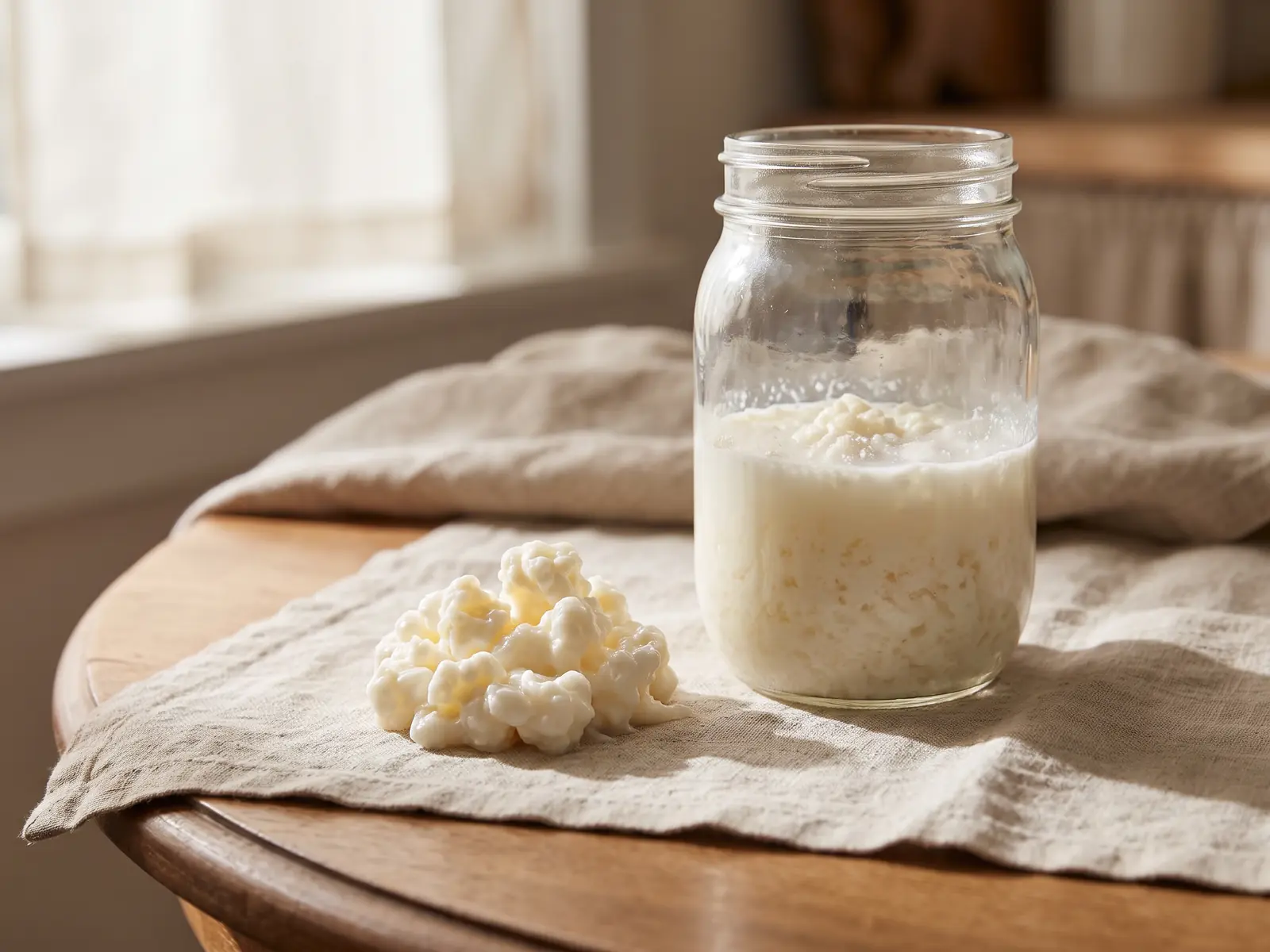 Barattolo di kefir di latte con grani in fermentazione su un tavolo rotondo coperto da lino grezzo.