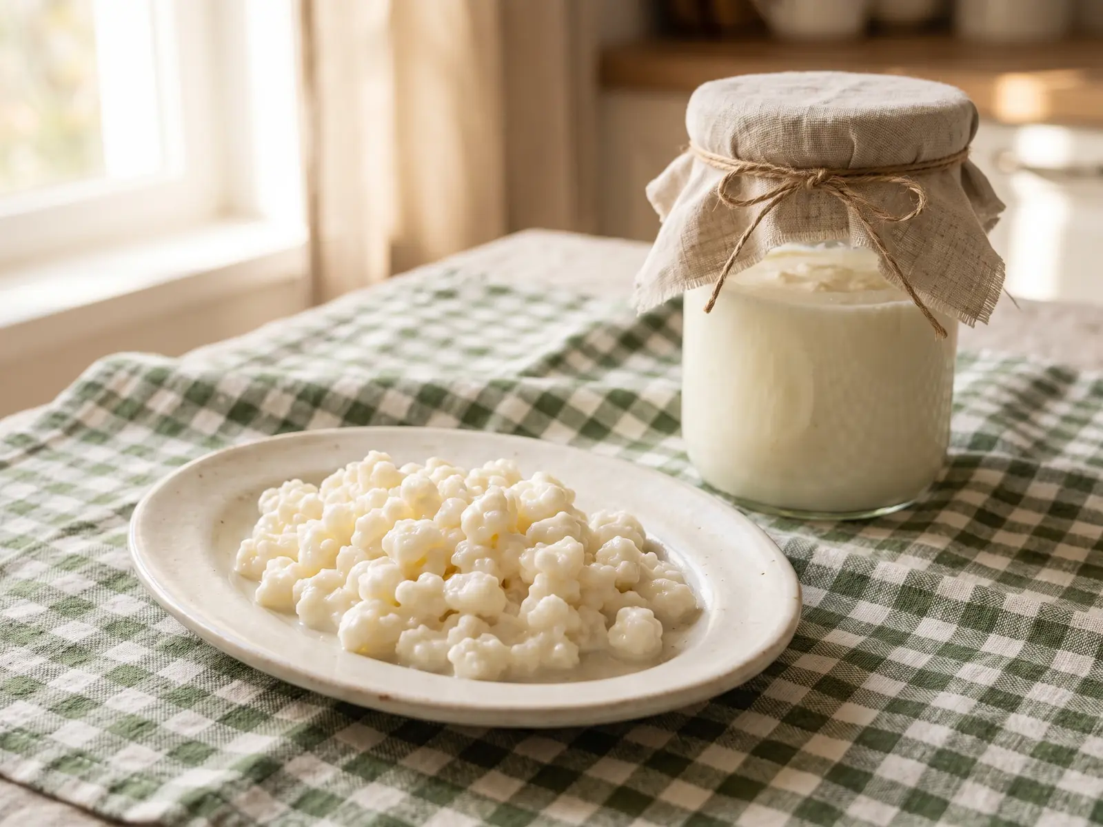 fermenti menu Grani di kefir su un piatto ovale, con barattolo coperto da lino su una tovaglia a quadri verdi.