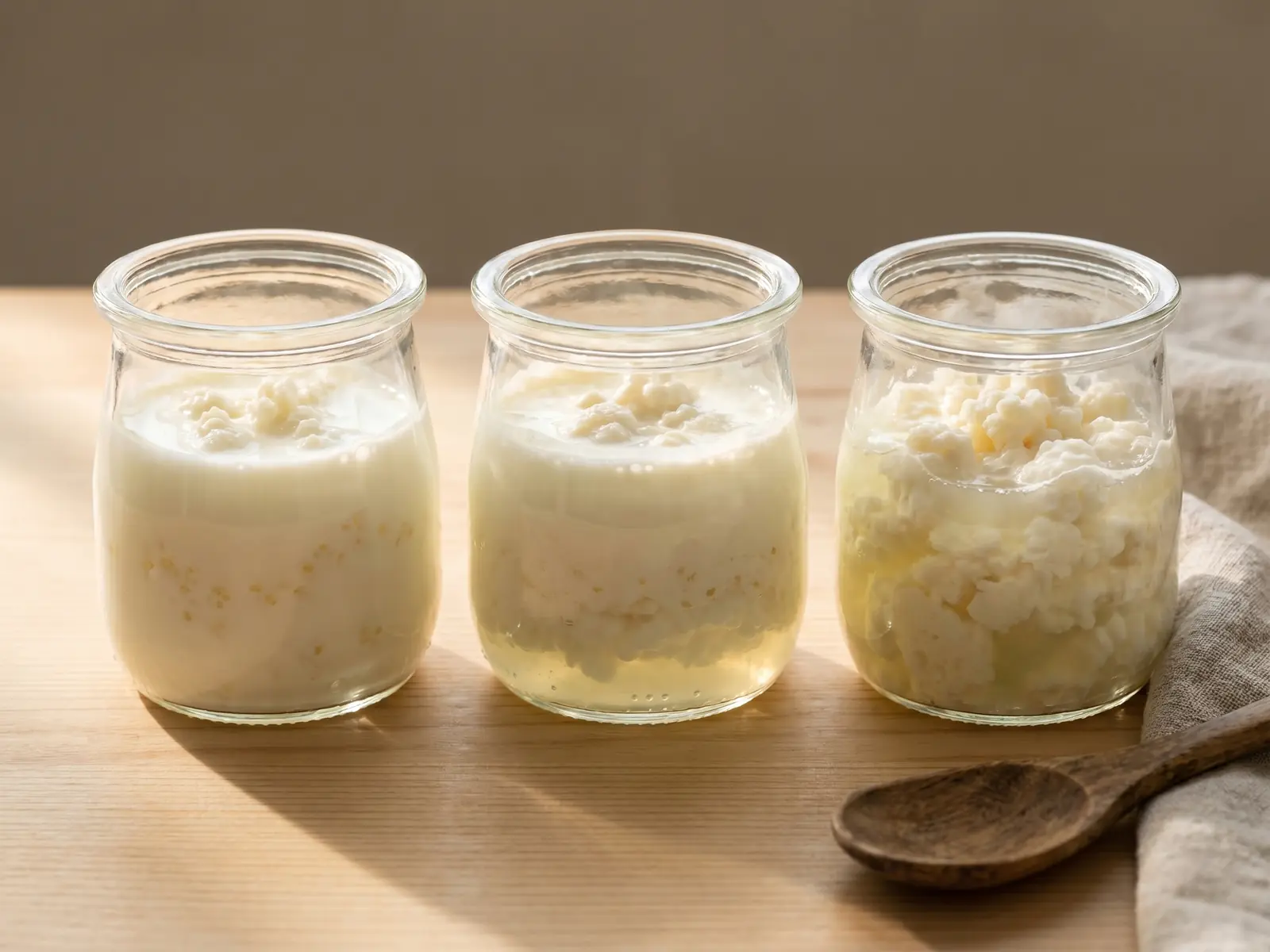 kefir d acqua ricetta Tre barattoli mostrano diverse fasi del kefir, con crema e siero separati in modo naturale.