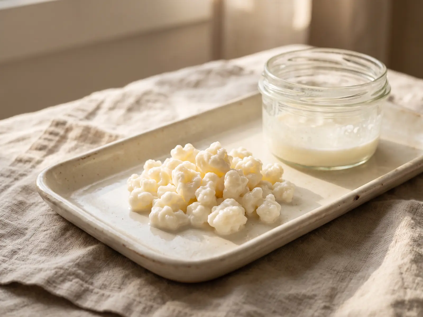 kefir e gonfiore addominale Vassoio in ceramica con grani di kefir di latte, barattolo aperto e lino in luce naturale.