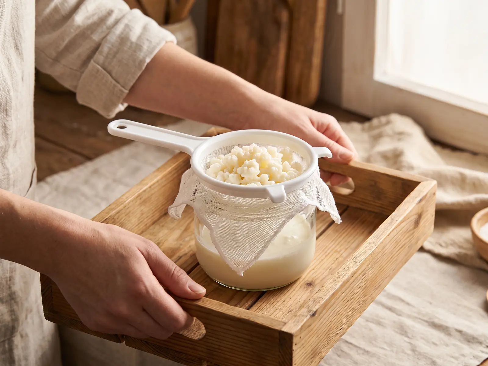 kefir con frutta Due mani portano un vassoio con barattolo, colino bianco e grani di kefir di latte scolati.
