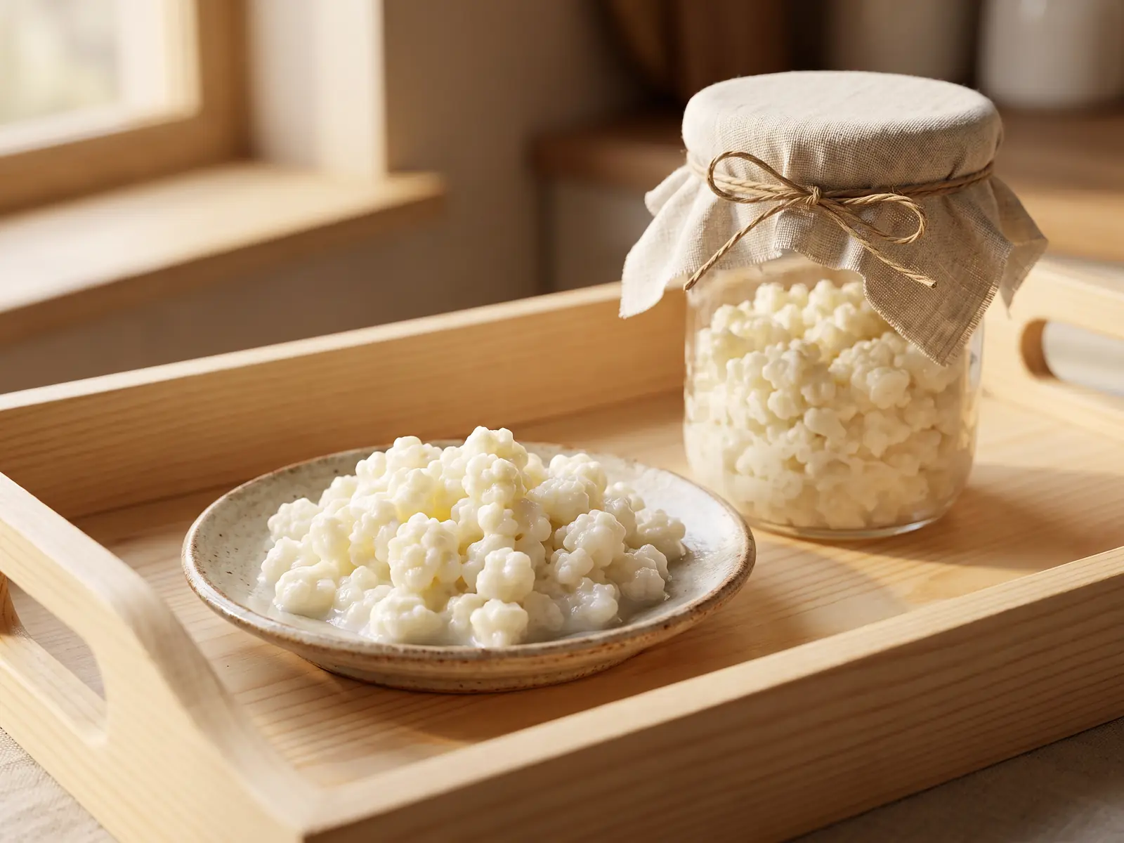kefir e cistite Vassoio da colazione con barattolo coperto e piattino di grani di kefir color bianco crema.