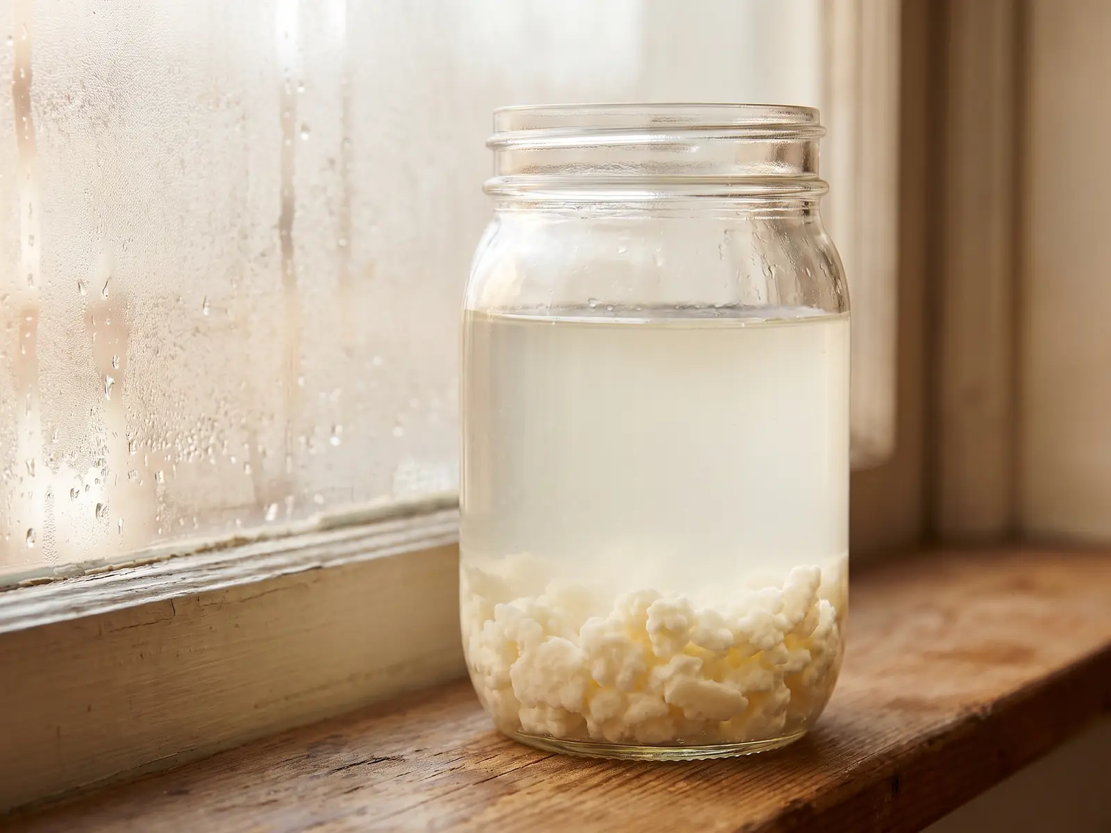 lista donatori kefir Barattolo di kefir di latte davanti a un vetro appannato, con grani visibili sul fondo.