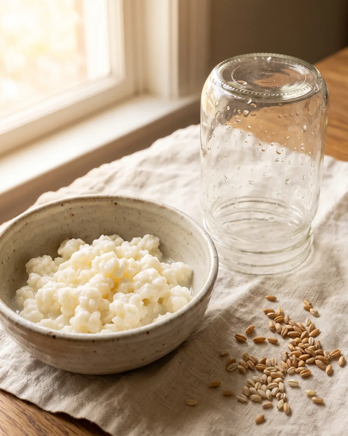 kefir gonfia la pancia Vaso appena risciacquato capovolto su lino, con grani di kefir a riposo in una ciotola vicina.