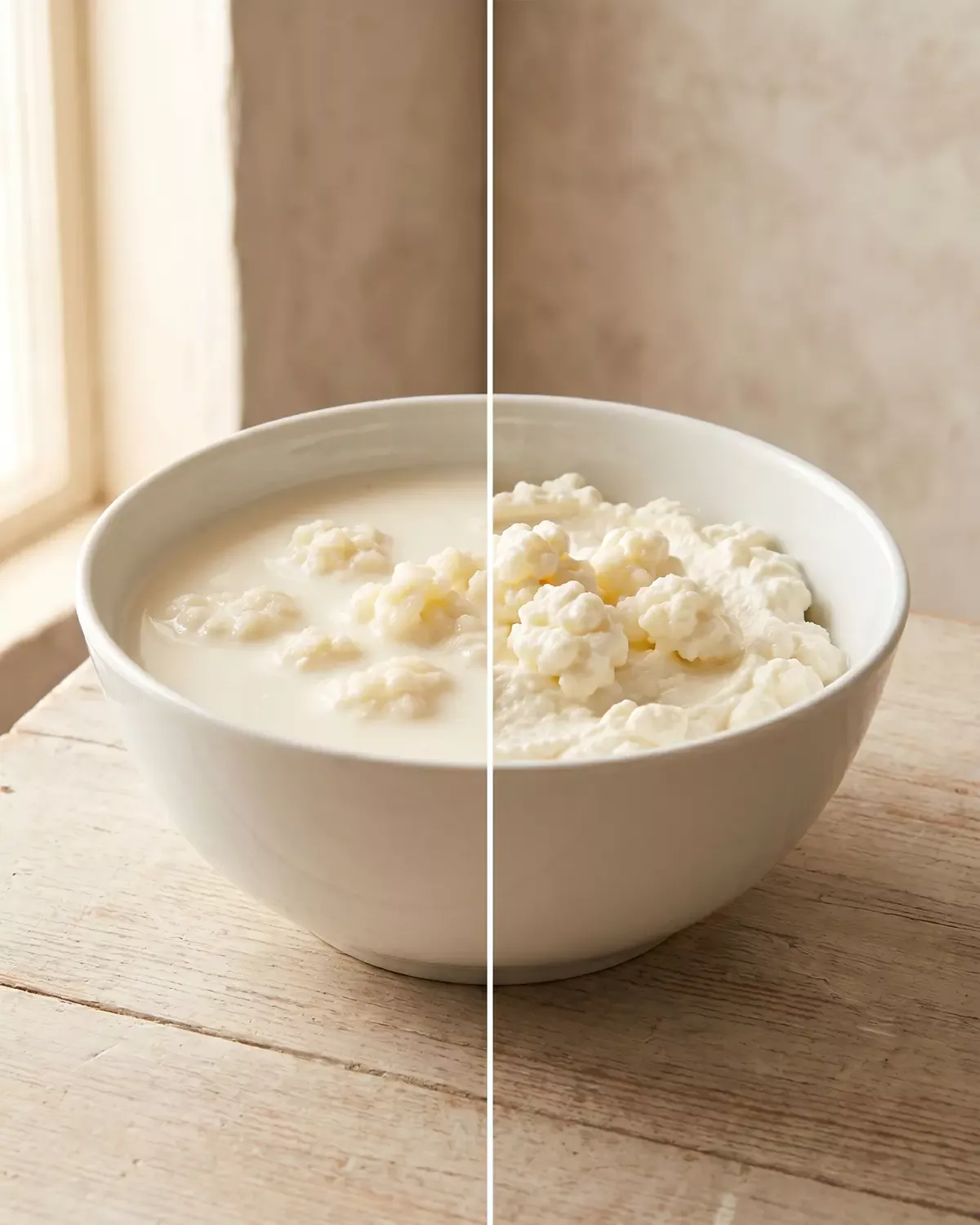 fermenti lattici vivi dove si trovano Due ciotole in ceramica mostrano il confronto tra kefir di latte più liquido e kefir scolato più denso.