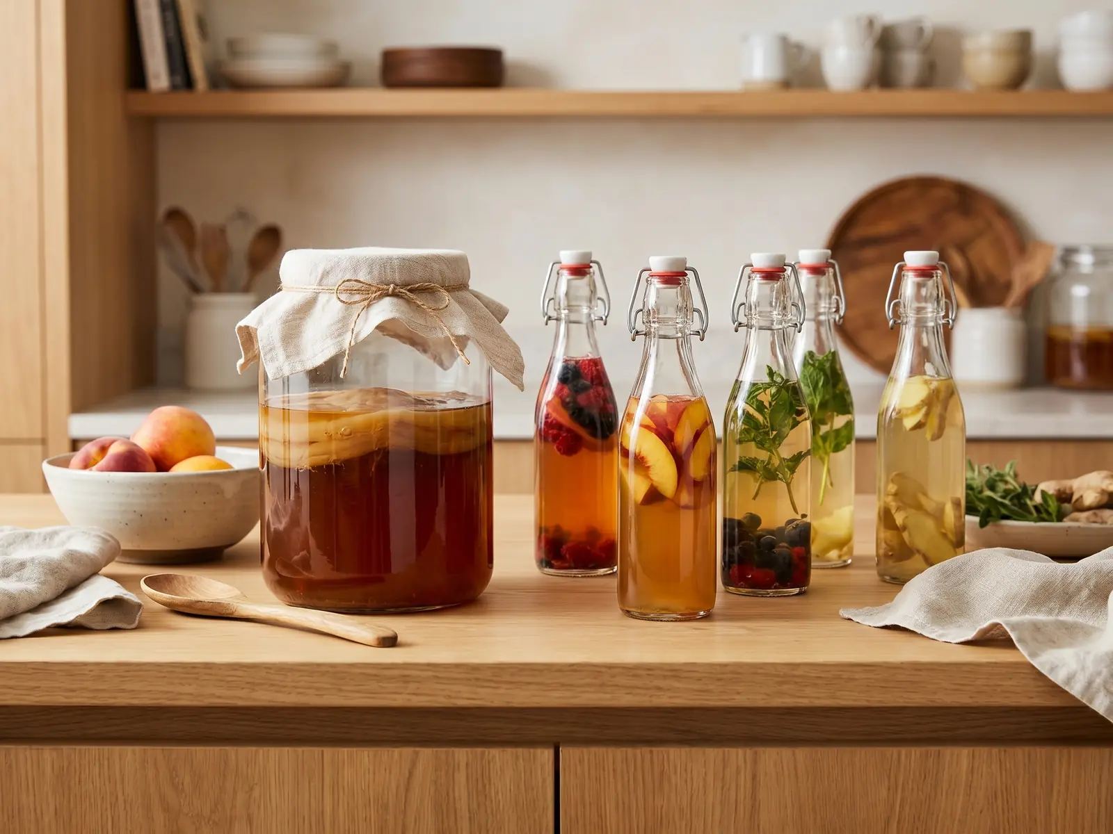 scoby hotel Barattoli di kombucha in fermentazione su un piano di lavoro, con colture vive e liquido ambrato.