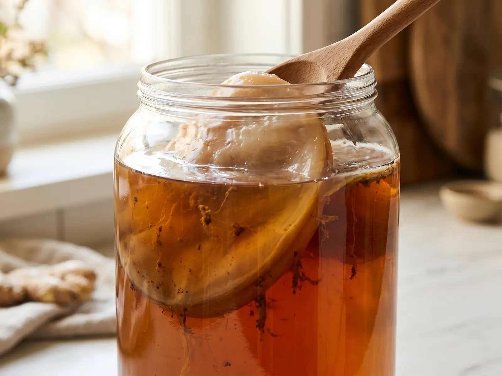 scubi kombucha Tarro di kombucha con tè scuro e filamenti di lievito visibili vicino a una finestra in controluce
