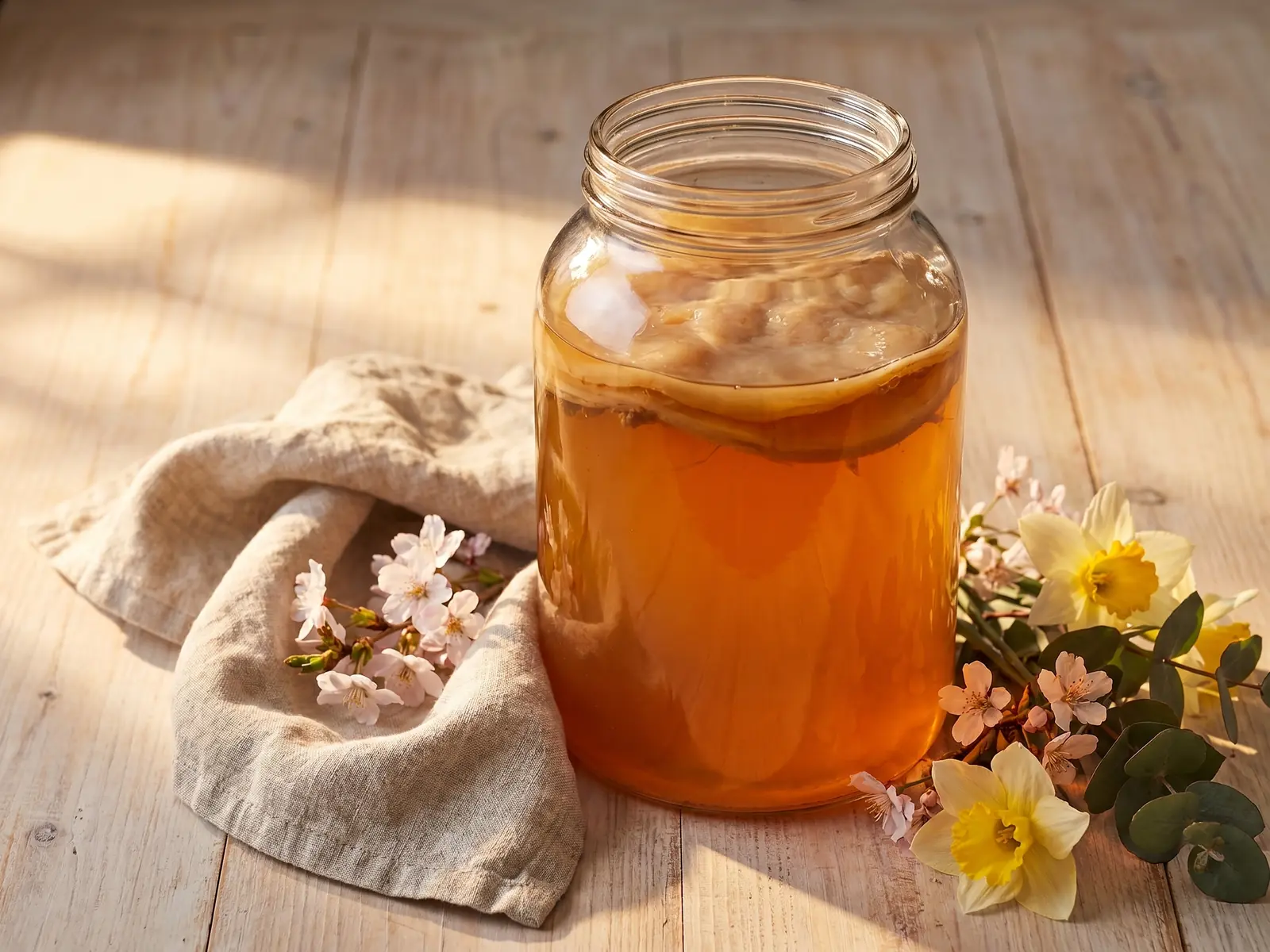 kombucha Barattolo di kombucha ambrata accanto a fiori primaverili, lino naturale e luce calda laterale.