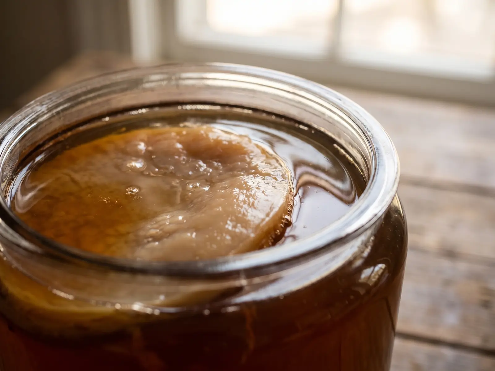 kombucha fungo Barattolo di kombucha con SCOBY sospeso sotto la superficie e tè ambrato alla luce della finestra