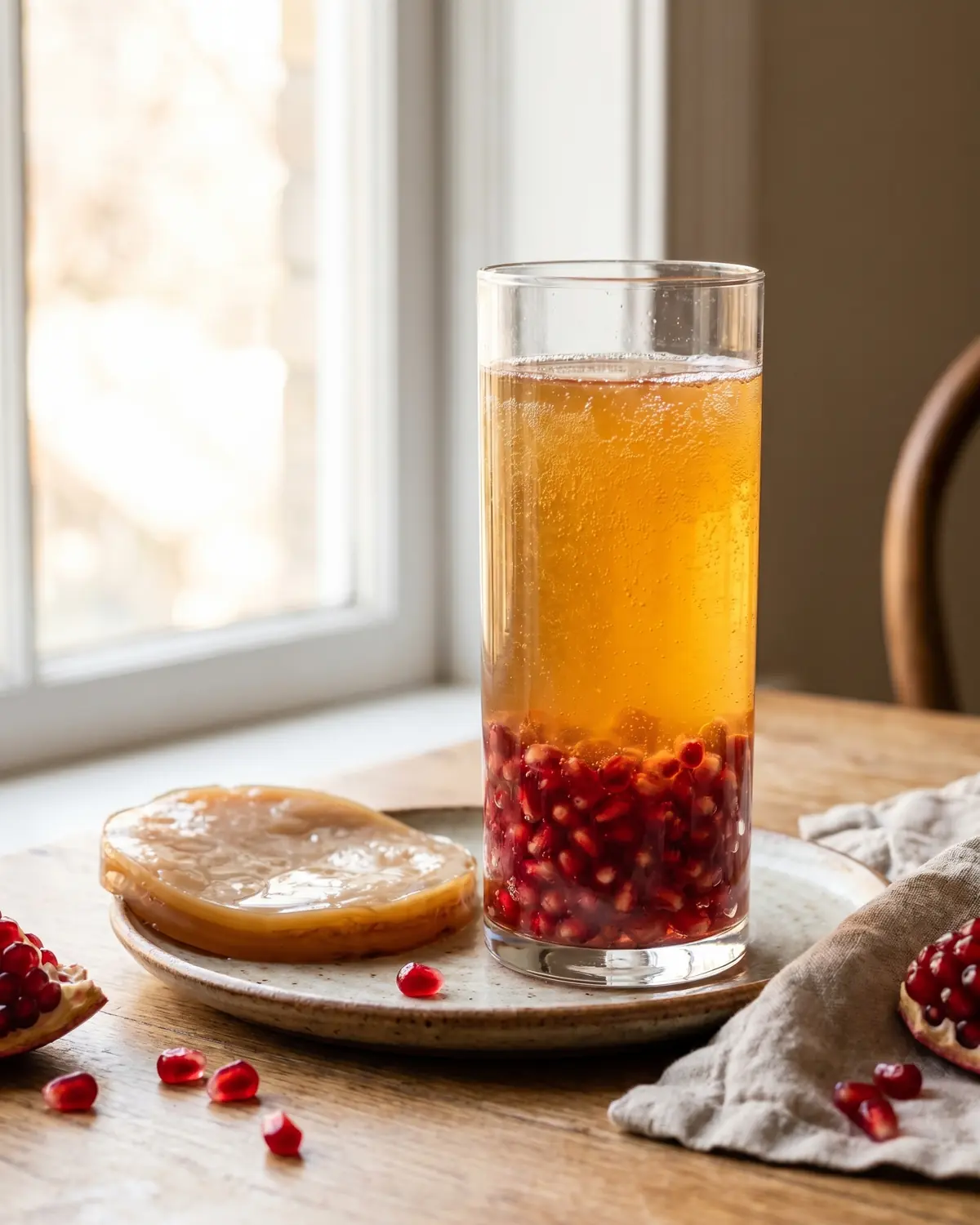 scoby Bicchiere verticale di kombucha con melograno, semi sul fondo e luce naturale dalla finestra.