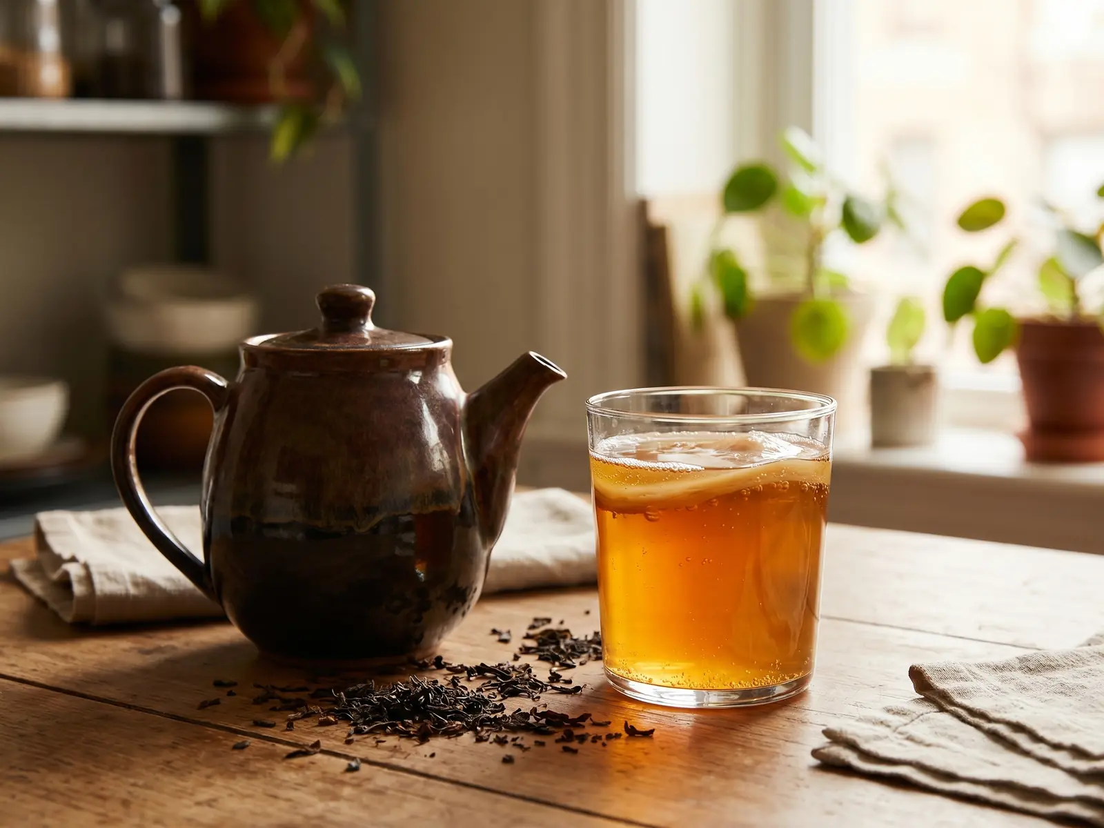 kombucha è alcolico Bicchiere di kombucha accanto a una teiera in ceramica e foglie di tè su un tavolo da cucina
