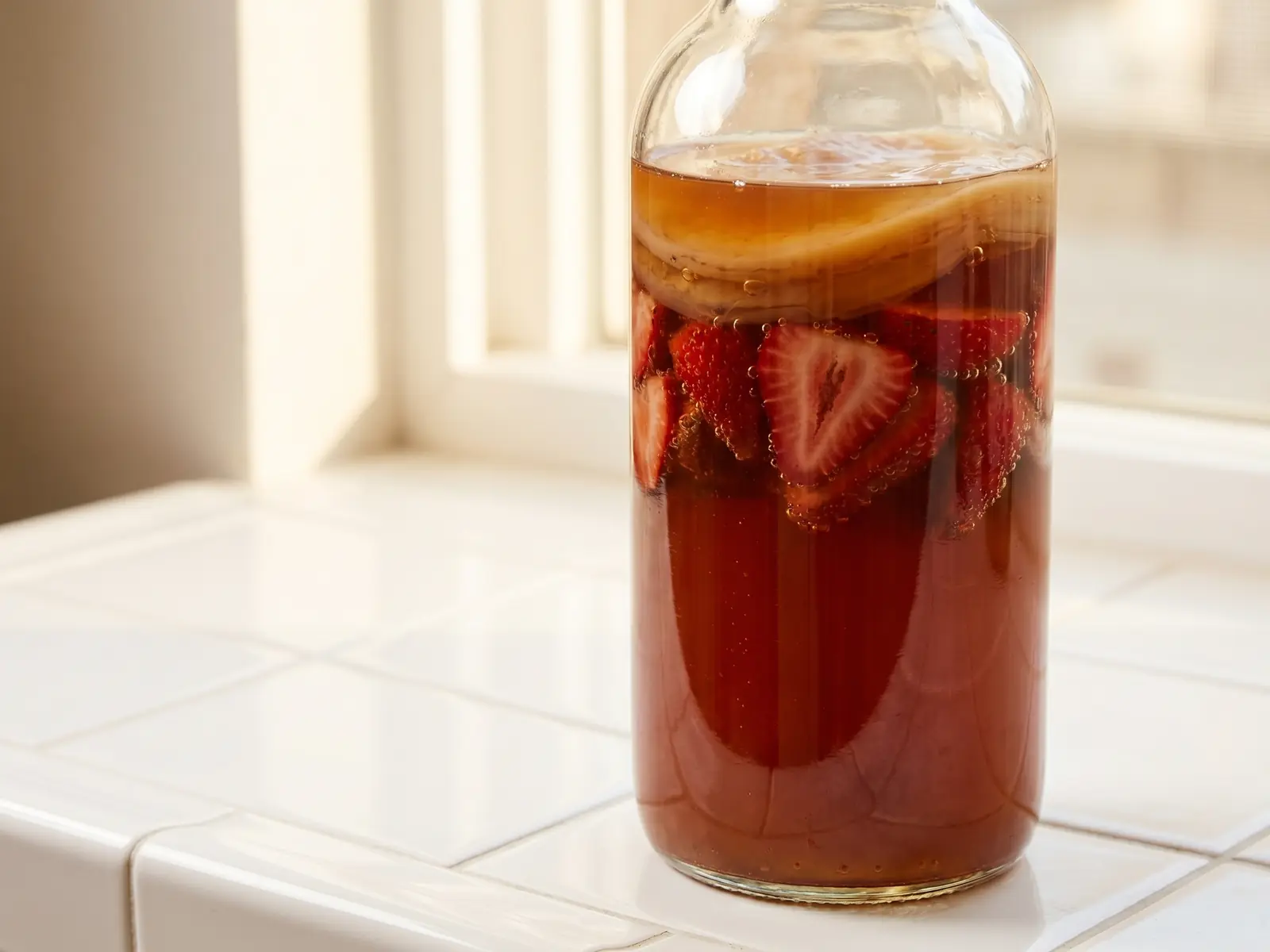kombucha conad Bottiglia di kombucha con fragole in seconda fermentazione su piastrelle bianche e piccole bollicine visibili