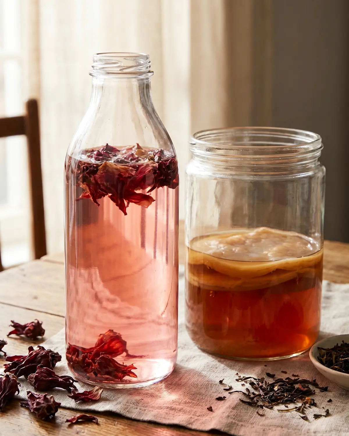 scubi kombucha Bottiglia di kombucha rosata all’ibisco senza etichetta, illuminata da luce naturale attraverso il vetro