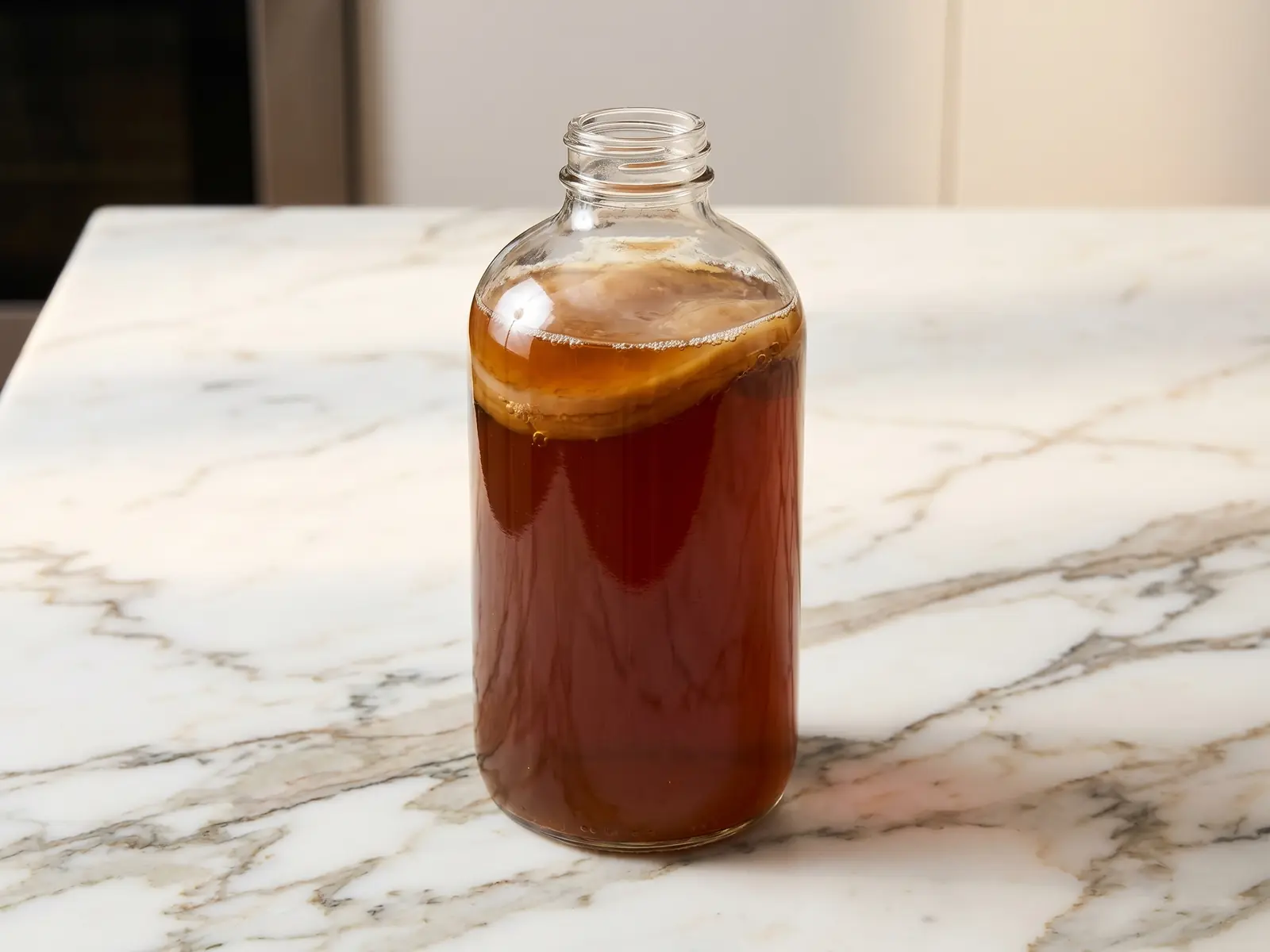 scoby Bottiglia di kombucha ambrata su marmo bianco venato, con leggere bollicine visibili nel vetro.
