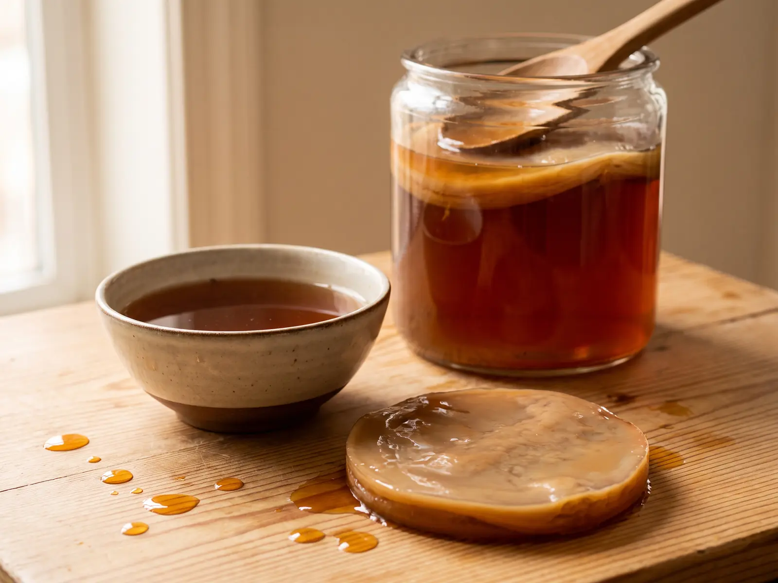 kombucha muffa Tavolo di pino con gocce ambrate, un barattolo di kombucha sullo sfondo e una ciotola di tè