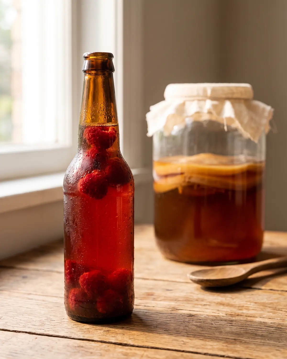 kombucha conad Gocce di condensa su una bottiglia ambrata fredda con lamponi e un barattolo madre sfocato sullo sfondo