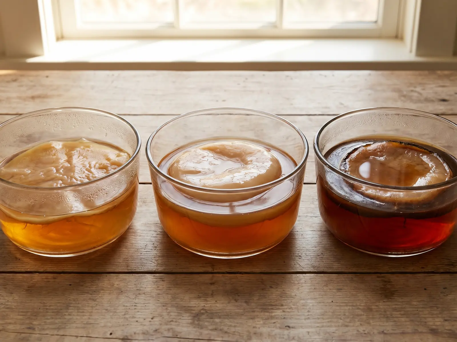 kombucha controindicazioni Tre ciotole mostrano SCOBY di diverso spessore e bordi scuri immersi nel tè madre.