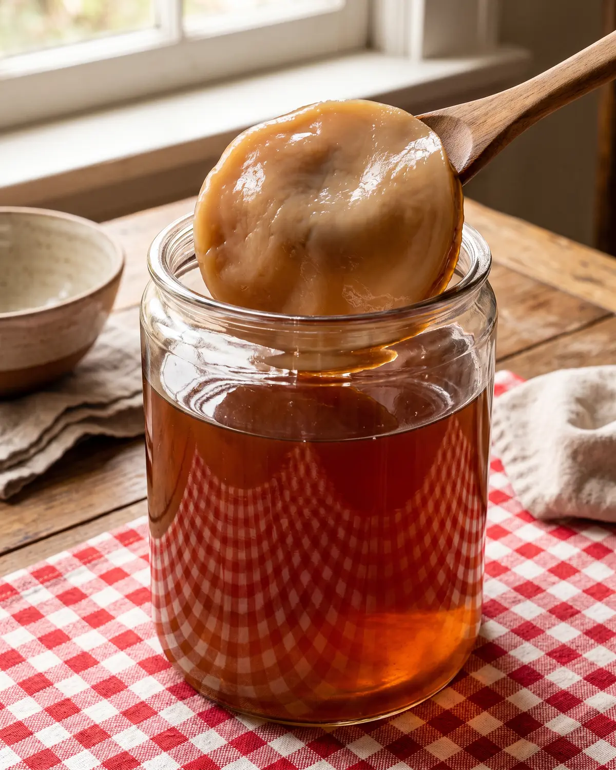 kefir kombucha & co Tè ambrato con riflesso di tovaglia a quadri e SCOBY diviso dalla curva del vetro.