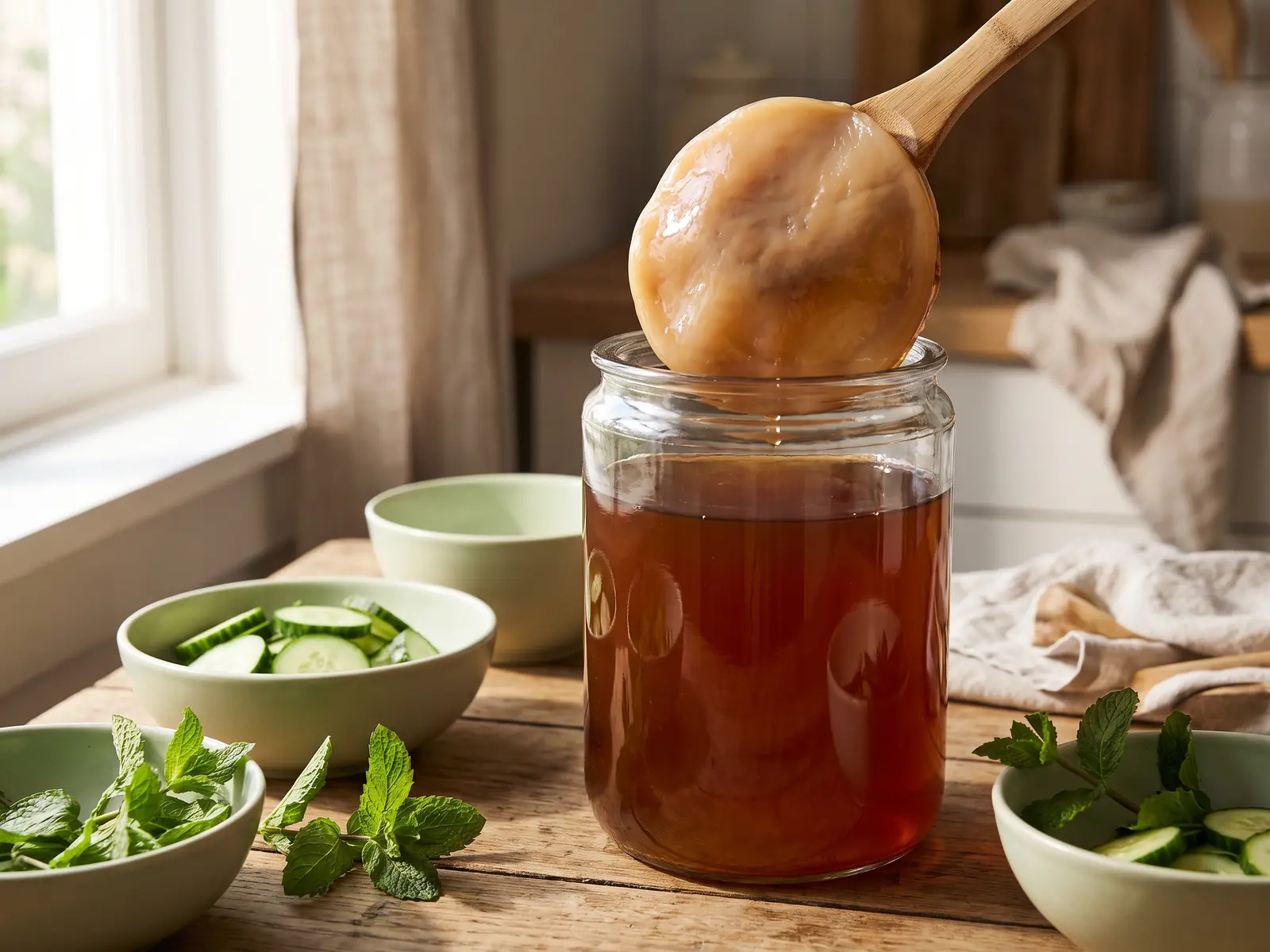 kombucha gusto Barattolo di kombucha con SCOBY, cetriolo fresco, menta e ciotole verdi in un set estivo.