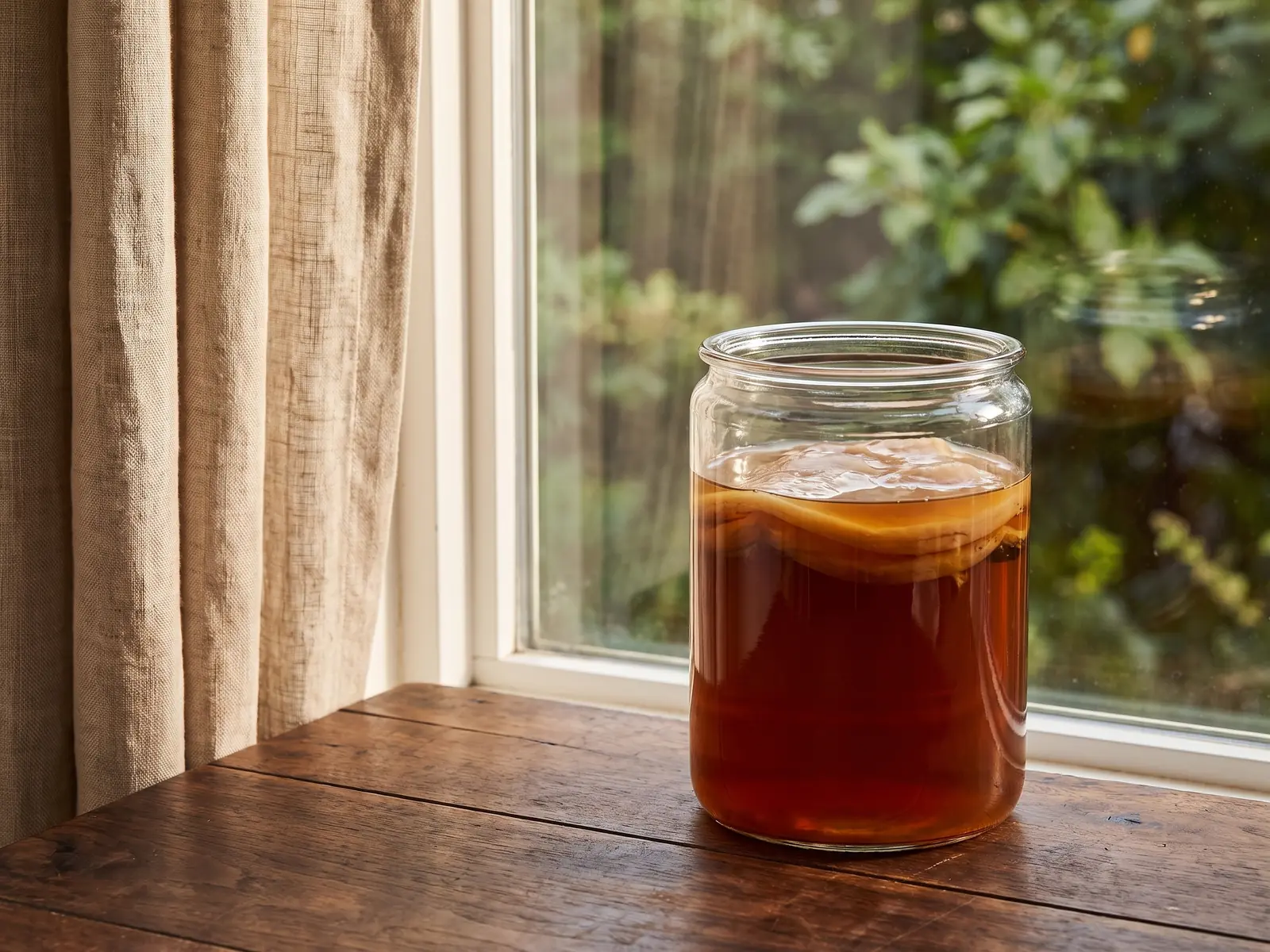 Barattolo con SCOBY beige vicino a una finestra aperta, tra lino chiaro, noce scuro e foglie morbide.