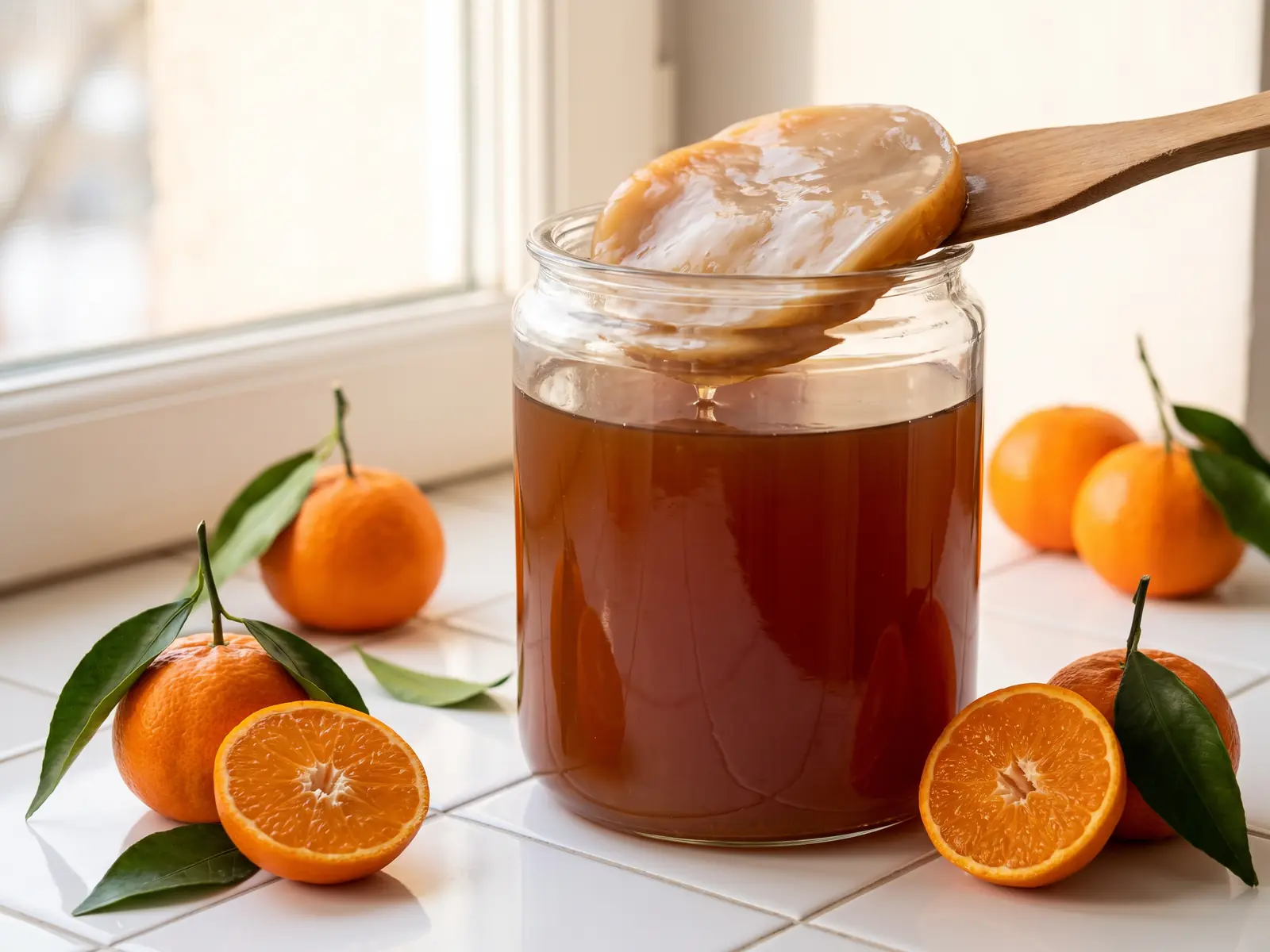 kombucha lidl Barattolo di kombucha con SCOBY e tè ambrato accanto a mandarini su piastrelle bianche luminose