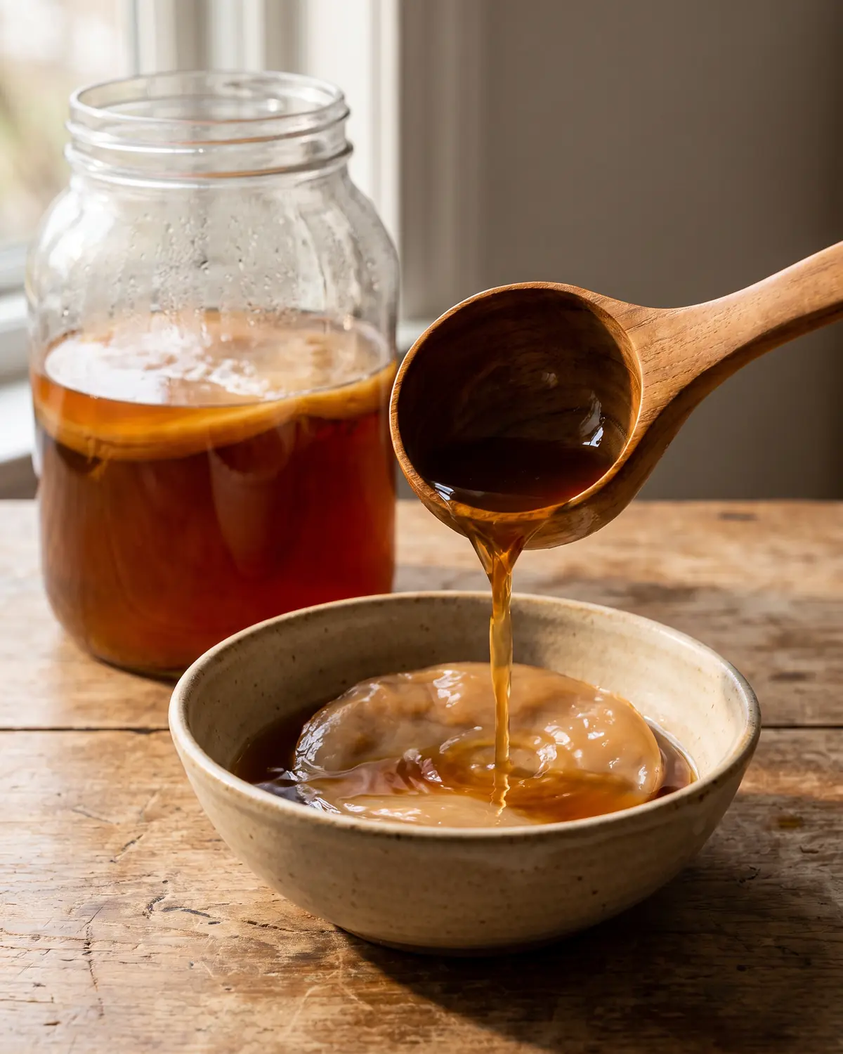 kombucha per dimagrire Liquido madre di kombucha versato in una ciotola beige, con barattolo e SCOBY sullo sfondo