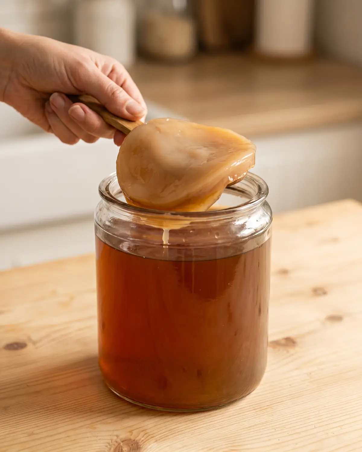 kombucha Mano che solleva lo SCOBY da un barattolo di kombucha con un cucchiaio di legno.