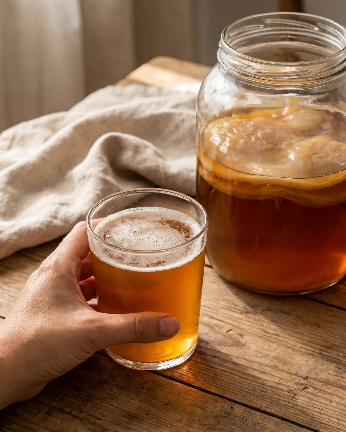 kombucha calorie Mano che tiene un bicchiere di kombucha ambrata con leggera schiuma e lino grezzo sullo sfondo.