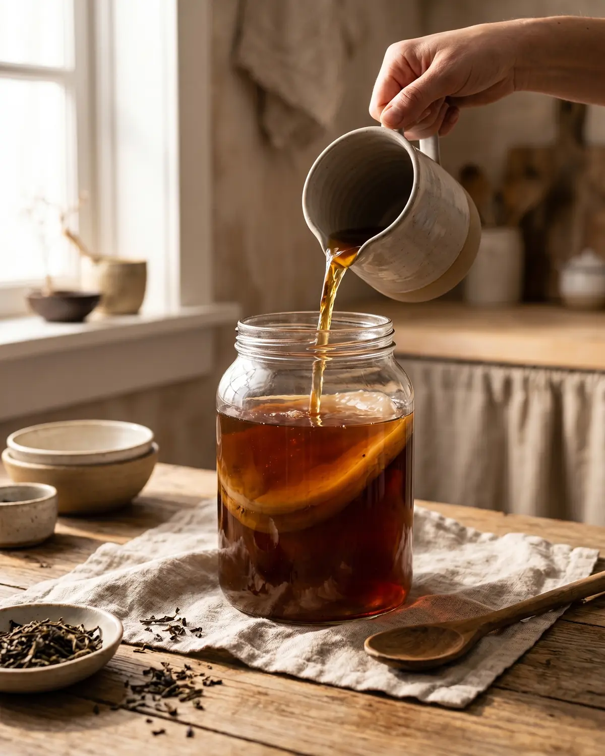 kombucha ricetta Mano che versa tè freddo nel barattolo con liquido madre e SCOBY beige sul fondo
