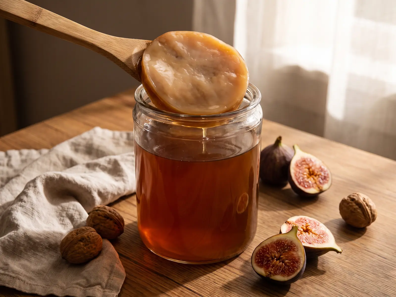 kombucha per dimagrire Tavola autunnale con kombucha, SCOBY in barattolo, fichi aperti, noci e lino grezzo