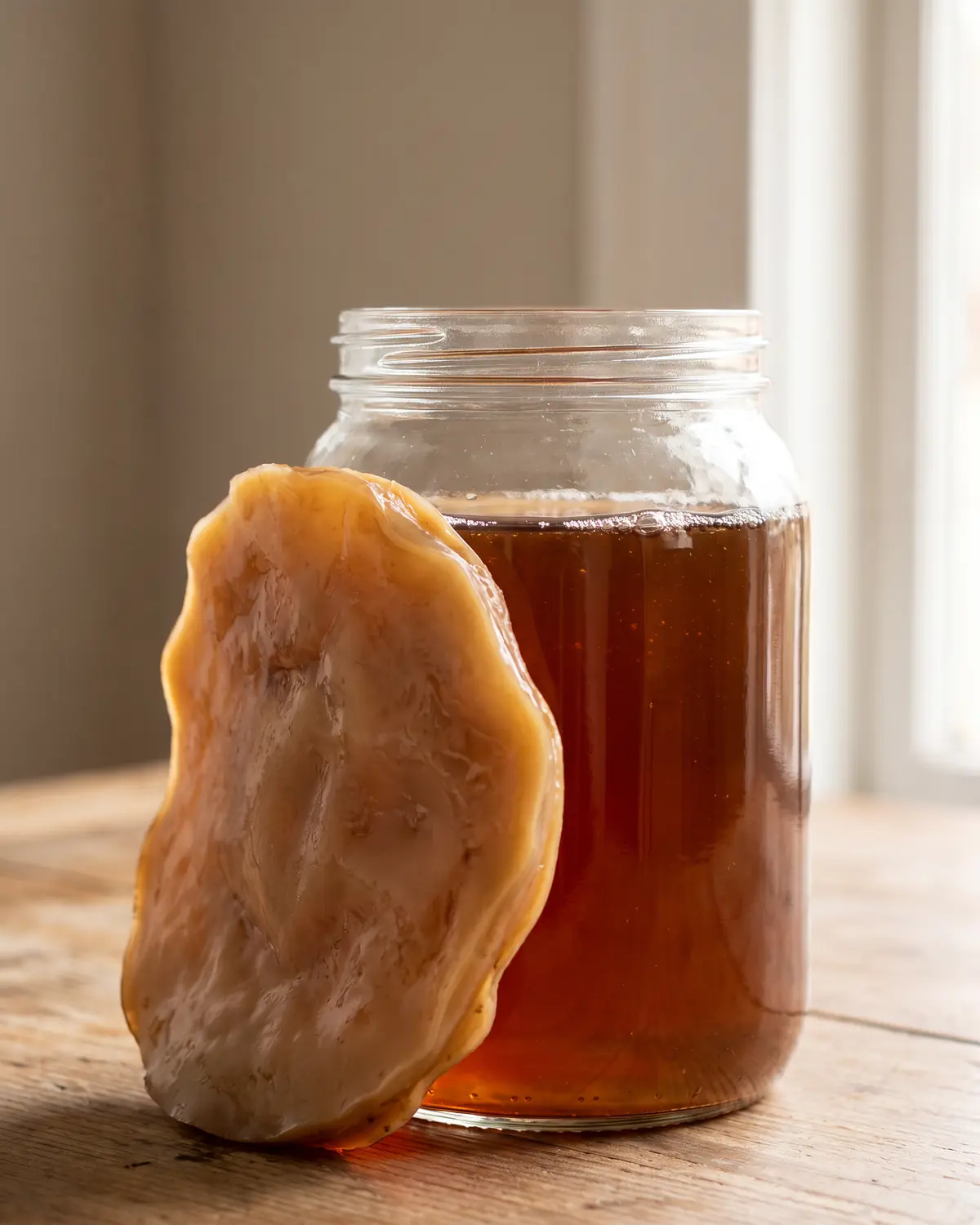 Profilo verticale di uno SCOBY irregolare contro il vetro, con bordo ondulato e t&egrave; scuro sullo sfondo.